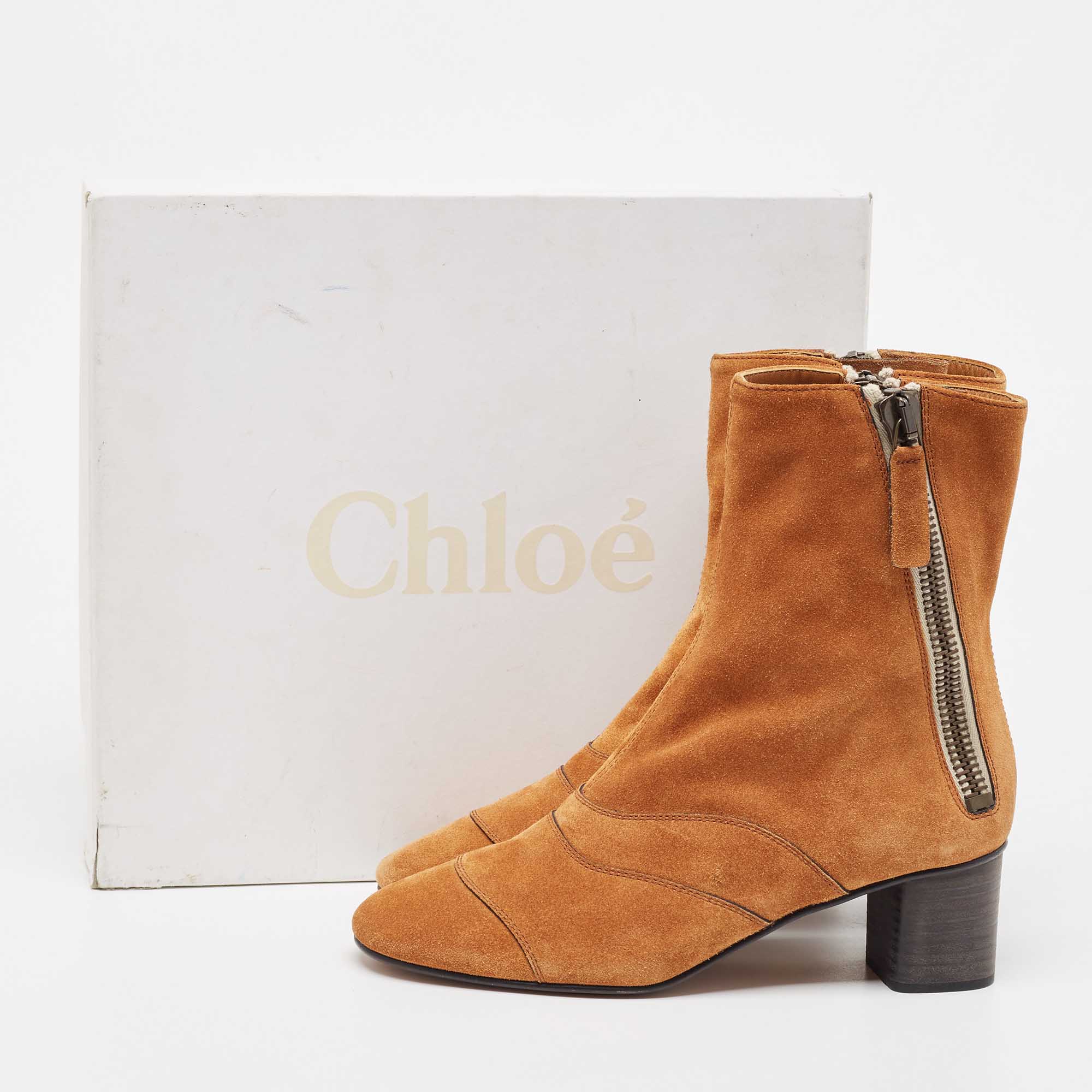 Chloe Tan Suede Block Heel Ankle Boots Size 37.5