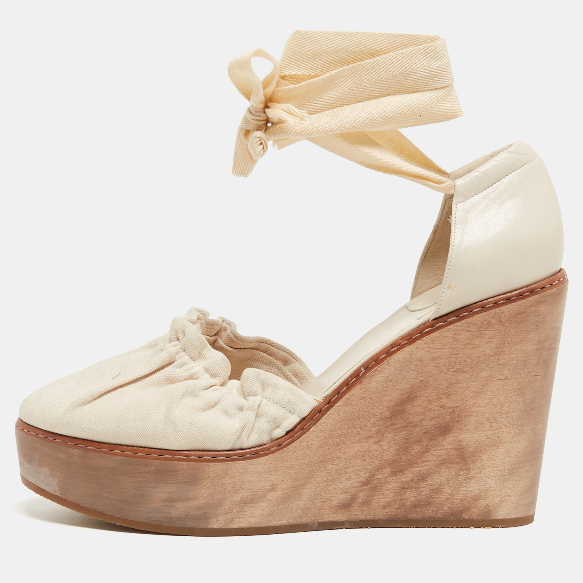 Chloe Cream Leather And Canvas Wedge Platform Ankle Tie Pumps Size 41