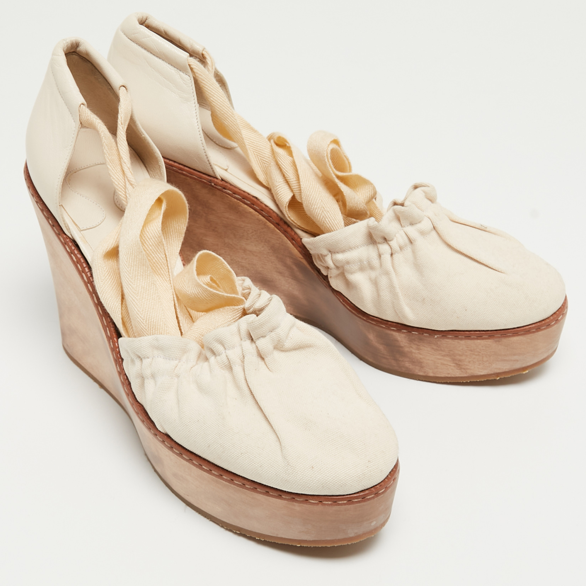 Chloe Cream Leather And Canvas Wedge Platform Ankle Tie Pumps Size 41