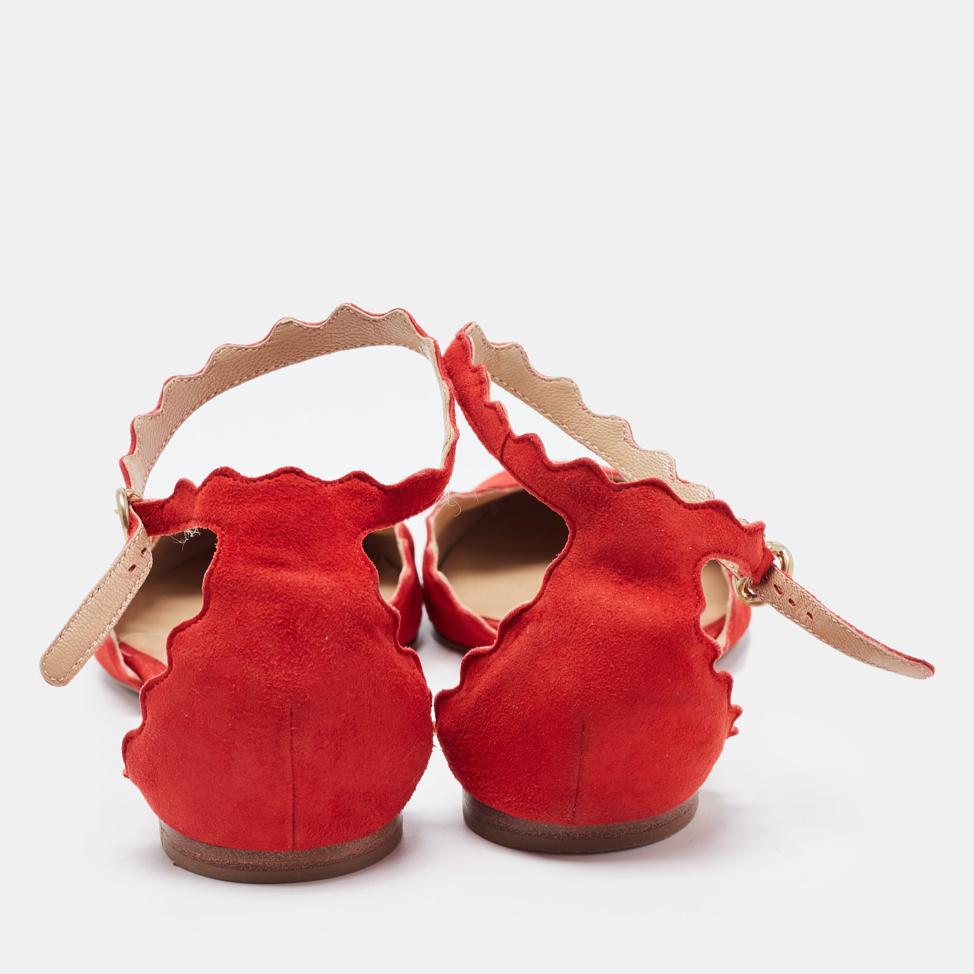 Chloe Red Scalloped Suede Lauren Ankle Strap Flats Size 38.5