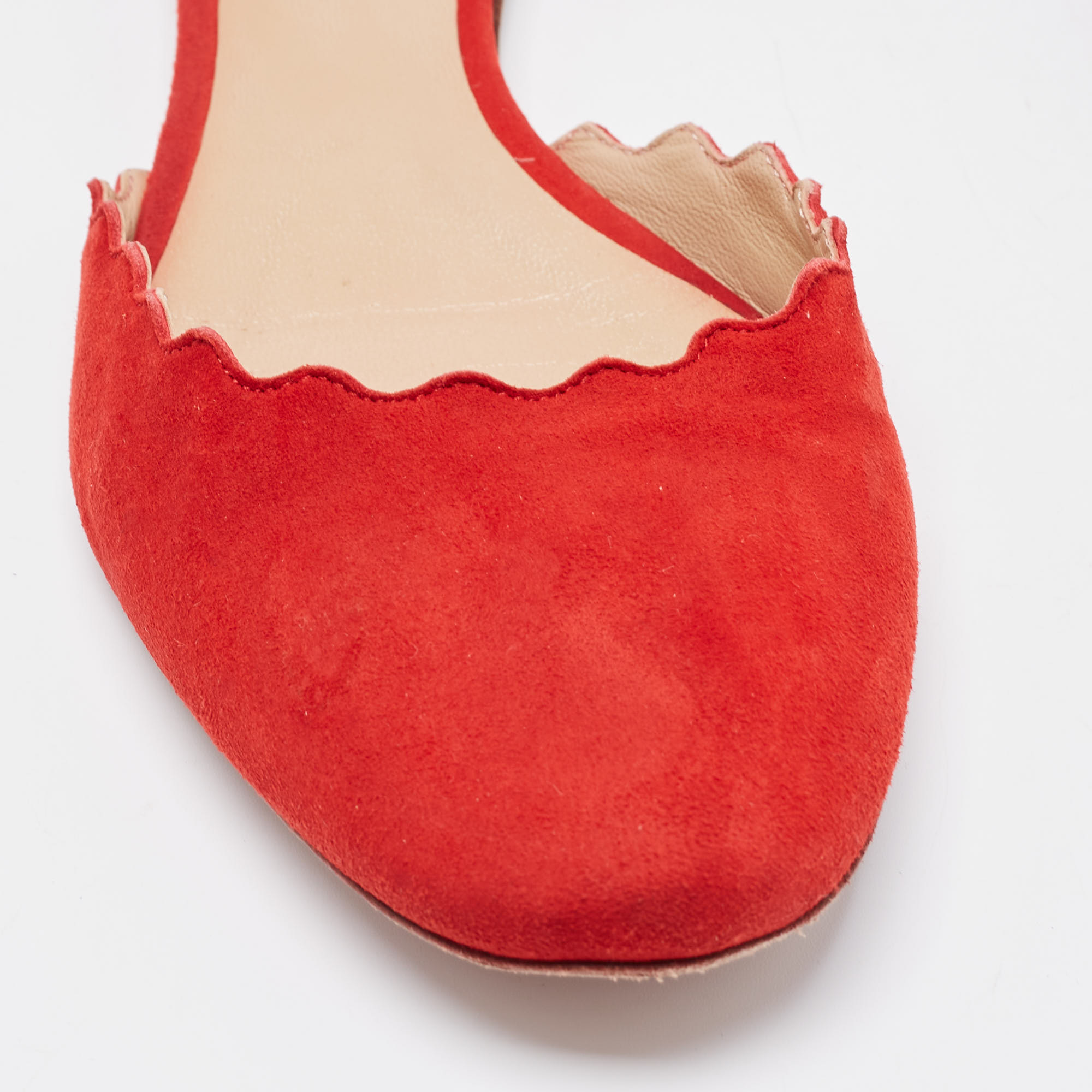 Chloe Red Scalloped Suede Lauren Ankle Strap Flats Size 38.5