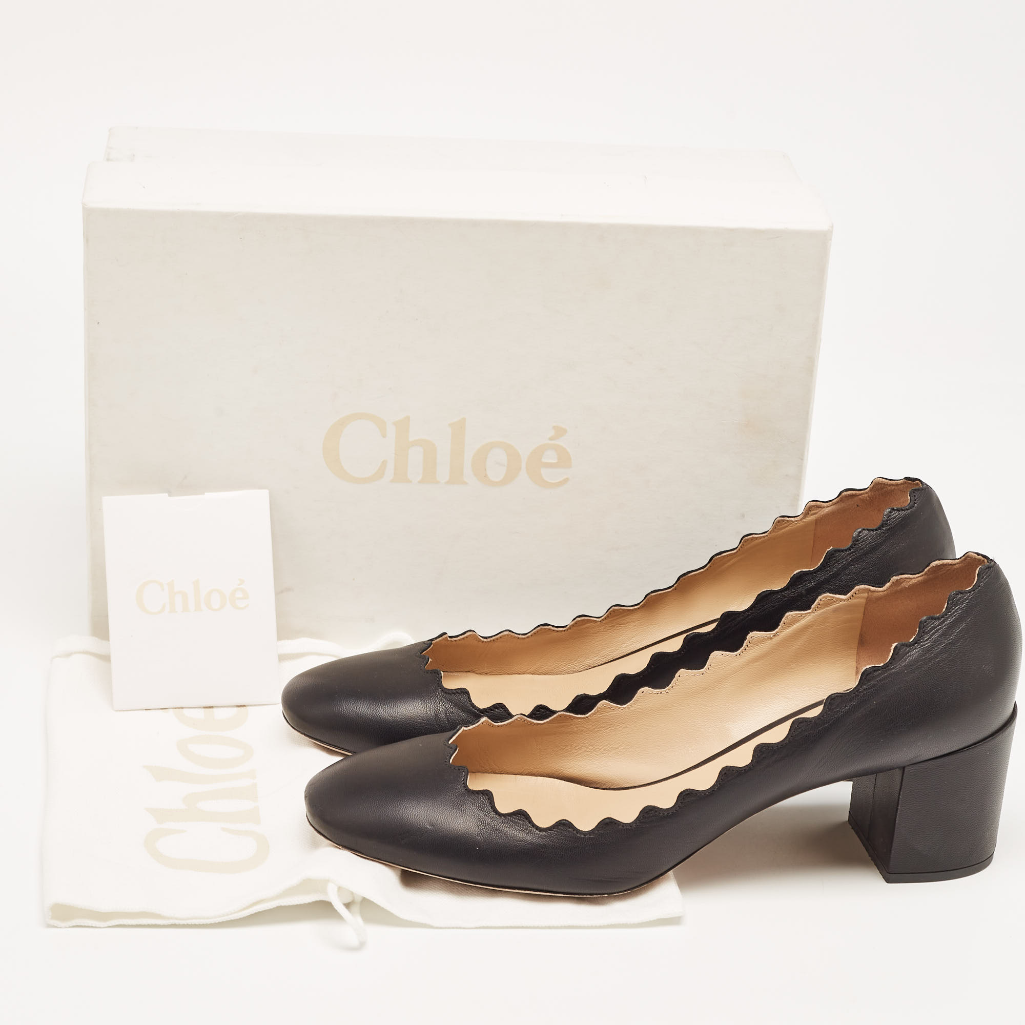 Chloe Black Scalloped Leather Lauren Block Heel Pumps Size 40