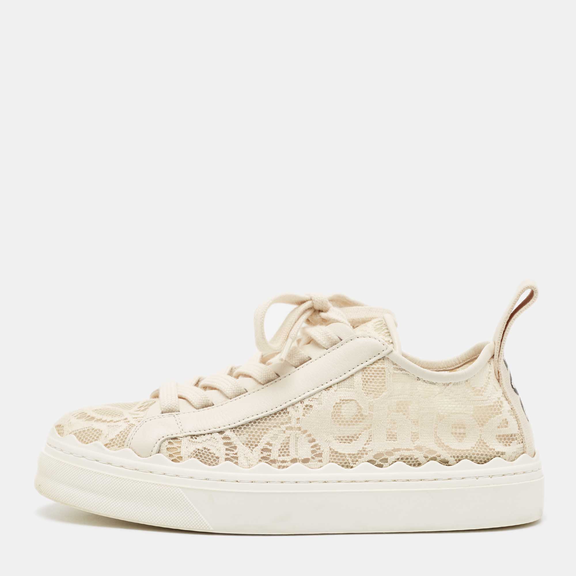 Chloe Light Cream Lace And Leather Lauren Low Top Sneakers Size 36