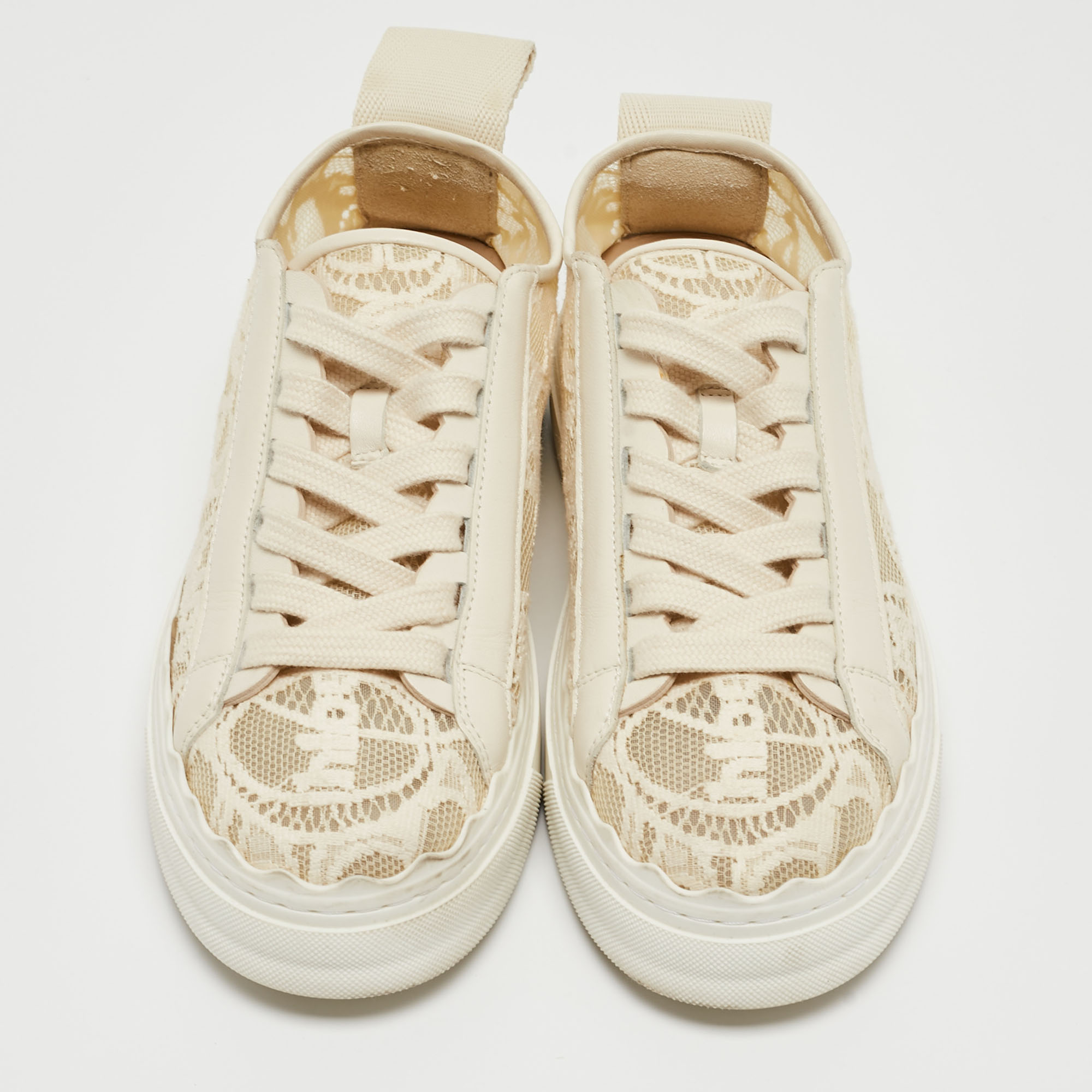 Chloe Cream Lace And Leather Lauren Lace Up Sneakers Size 36