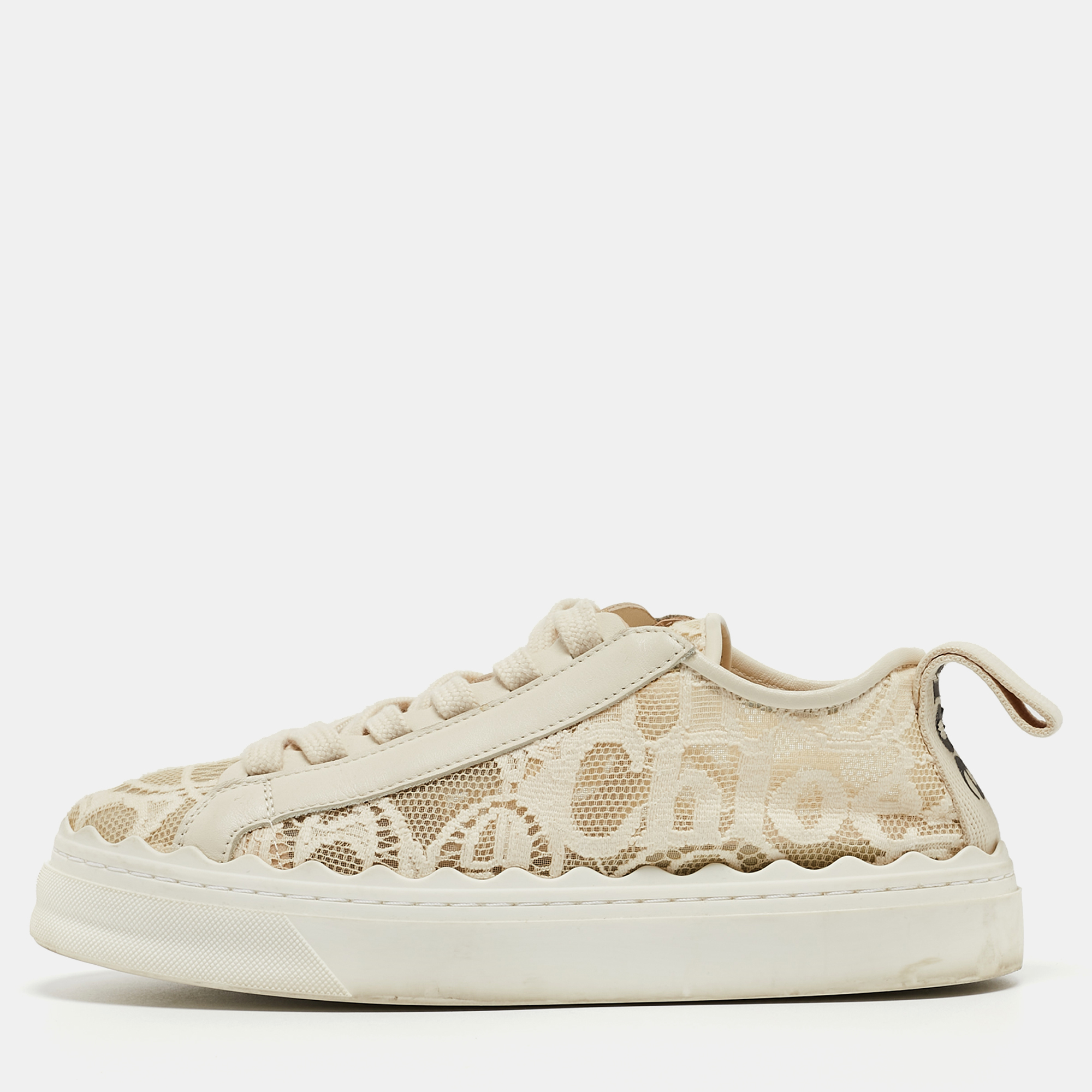 Chloe Cream Lace And Leather Lauren Lace Up Sneakers Size 36