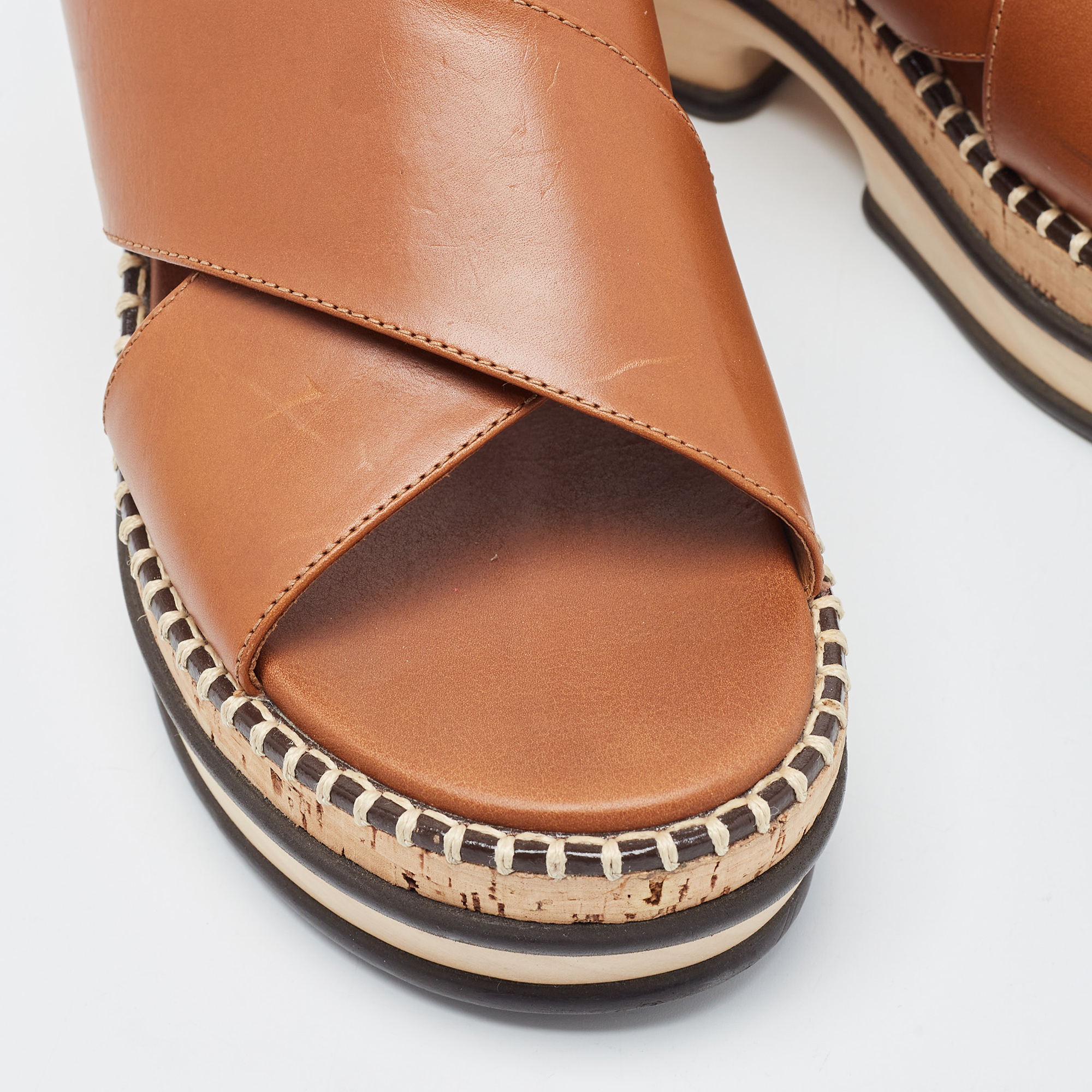 Chloe Brown Leather Woody Leather Slides Sandals Size 37
