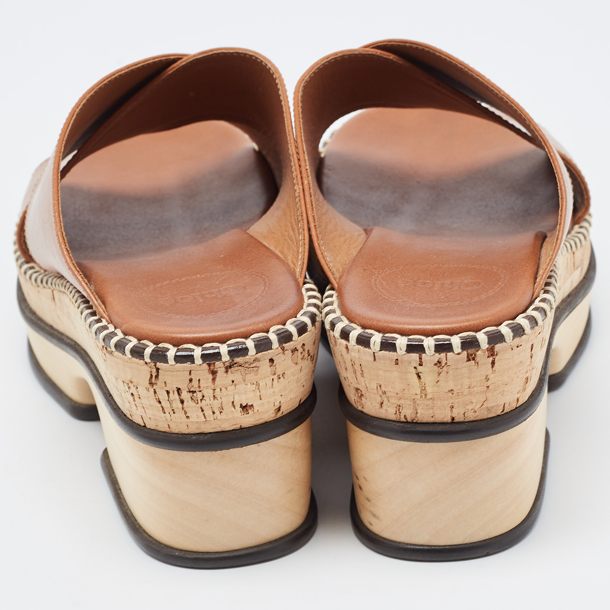 Chloe Brown Leather Woody Leather Slides Sandals Size 37