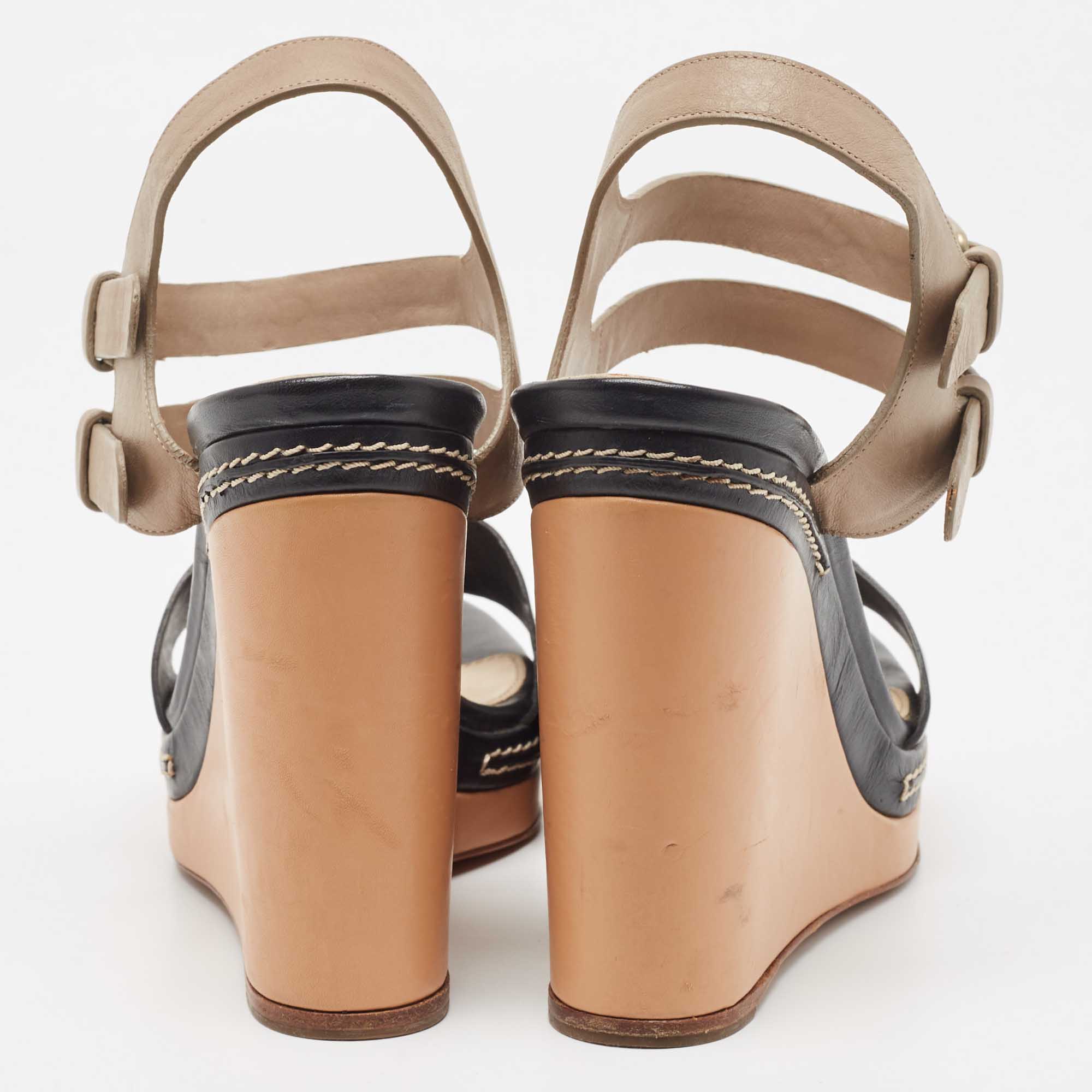 Chloe Black/Beige Leather Double Ankle Strap Wedge Sandals Size 40.5