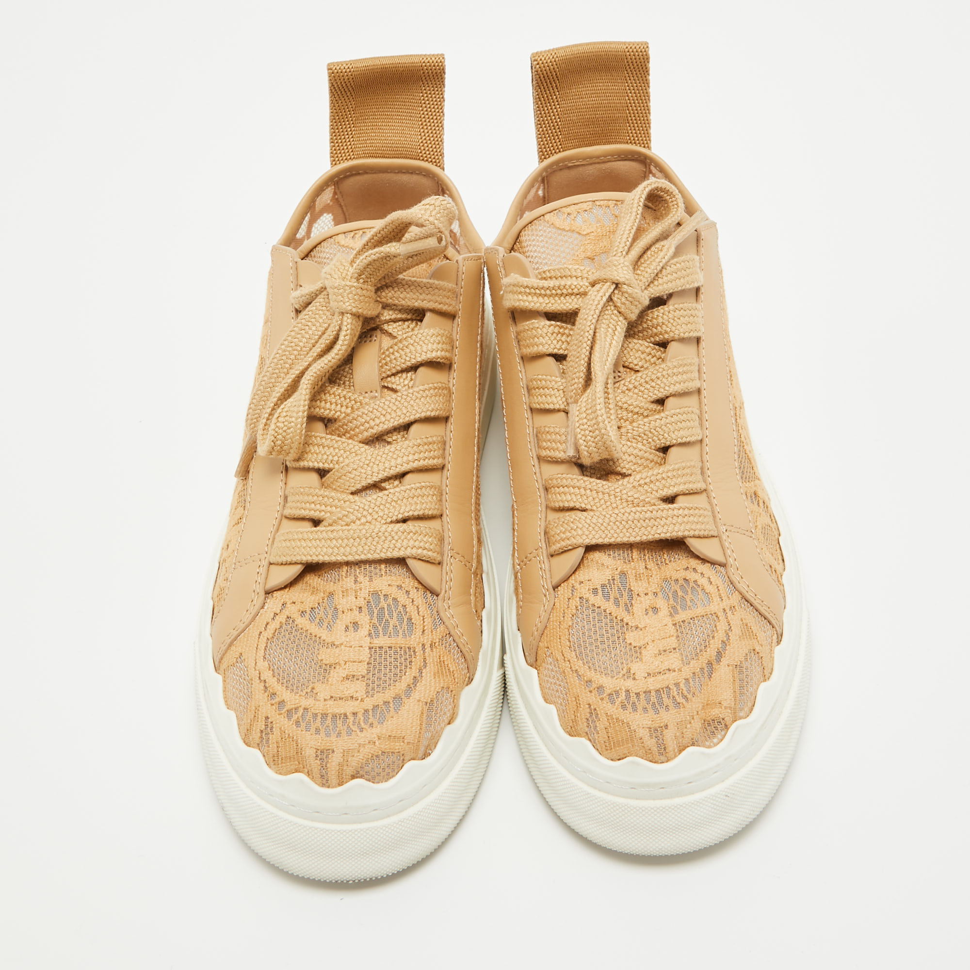 Chloe Beige Mesh And Leather Lauren Lace Up Sneakers Size 36