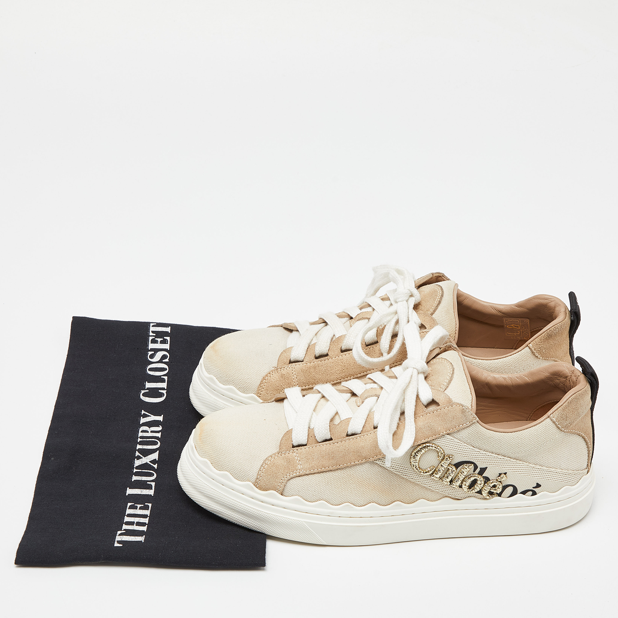 Chloé Beige Canvas And Suede Lauren Logo Embroidered Low Top Sneakers Size 39
