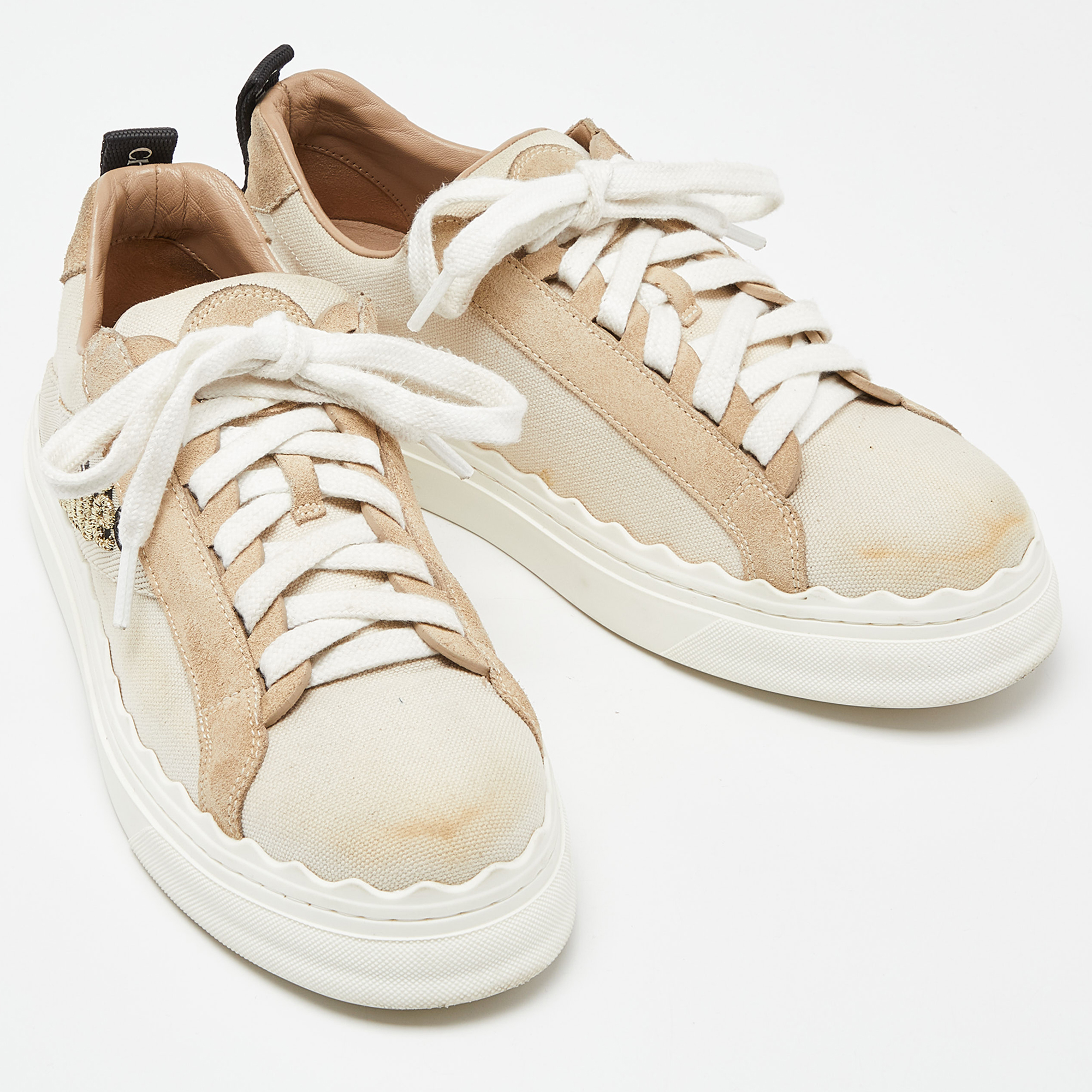 Chloé Beige Canvas And Suede Lauren Logo Embroidered Low Top Sneakers Size 39