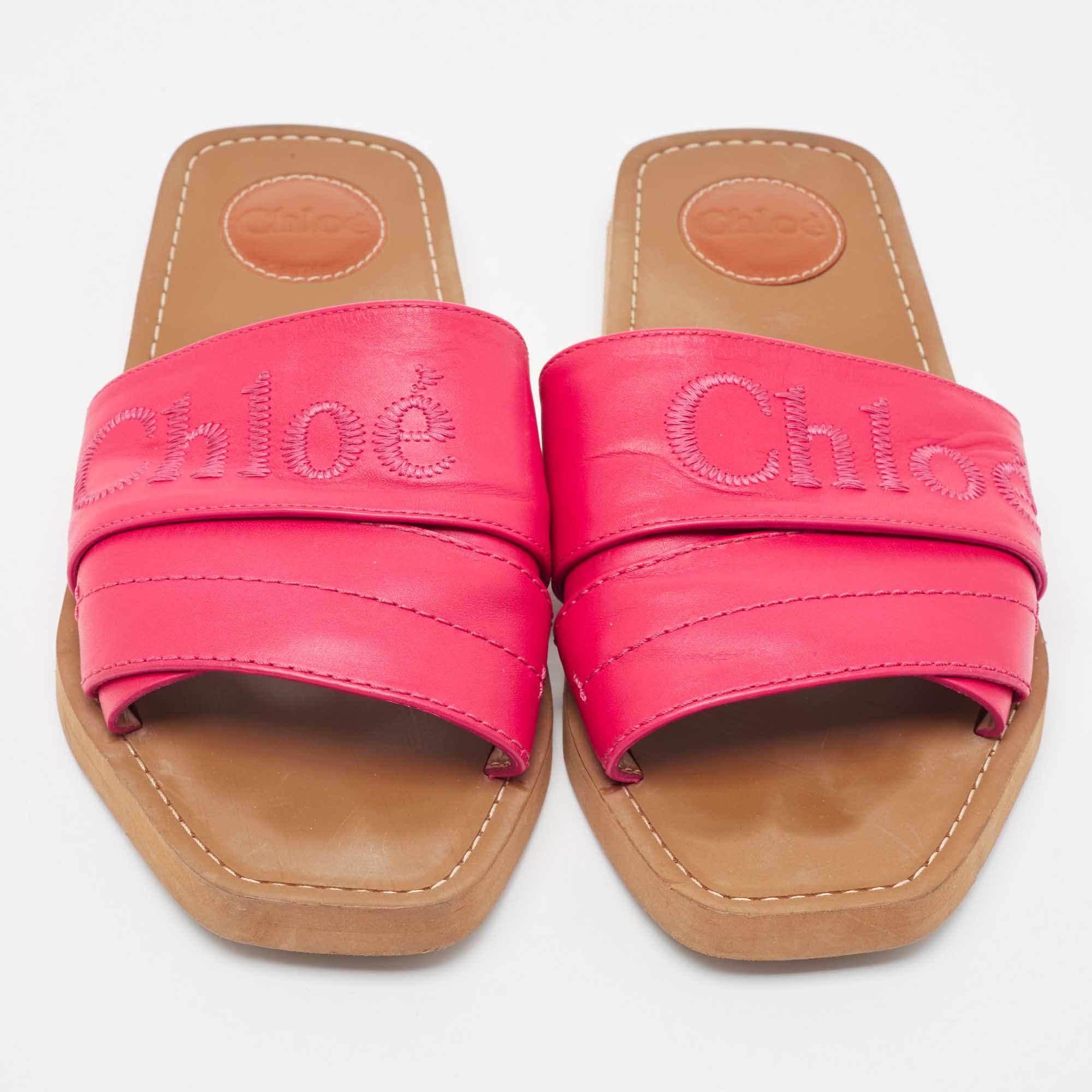 Chloe Pink Leather Embroidered Logo Woody Flat Slides Size 39