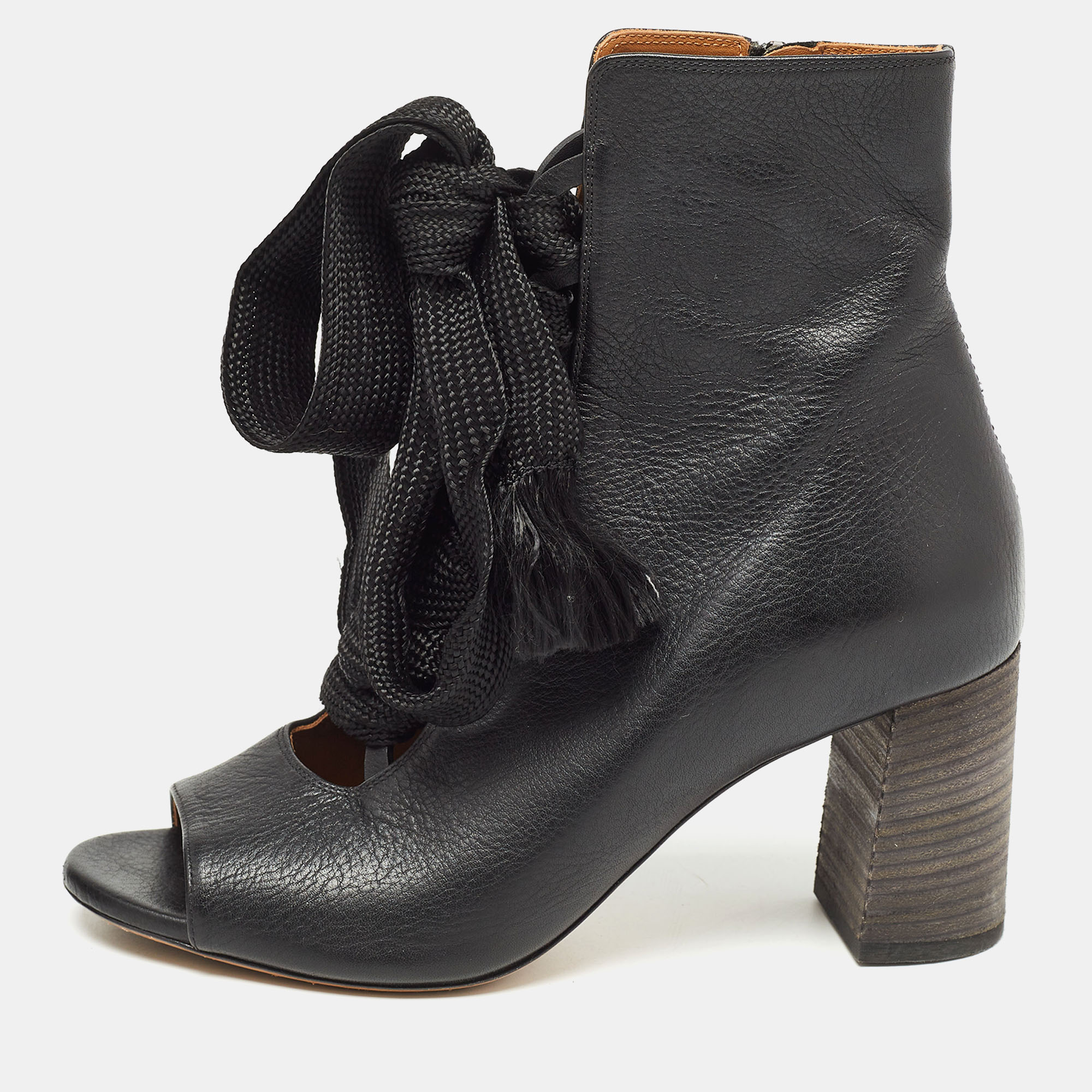 Chloe black leather harper peep toe ankle wrap booties size 37.5