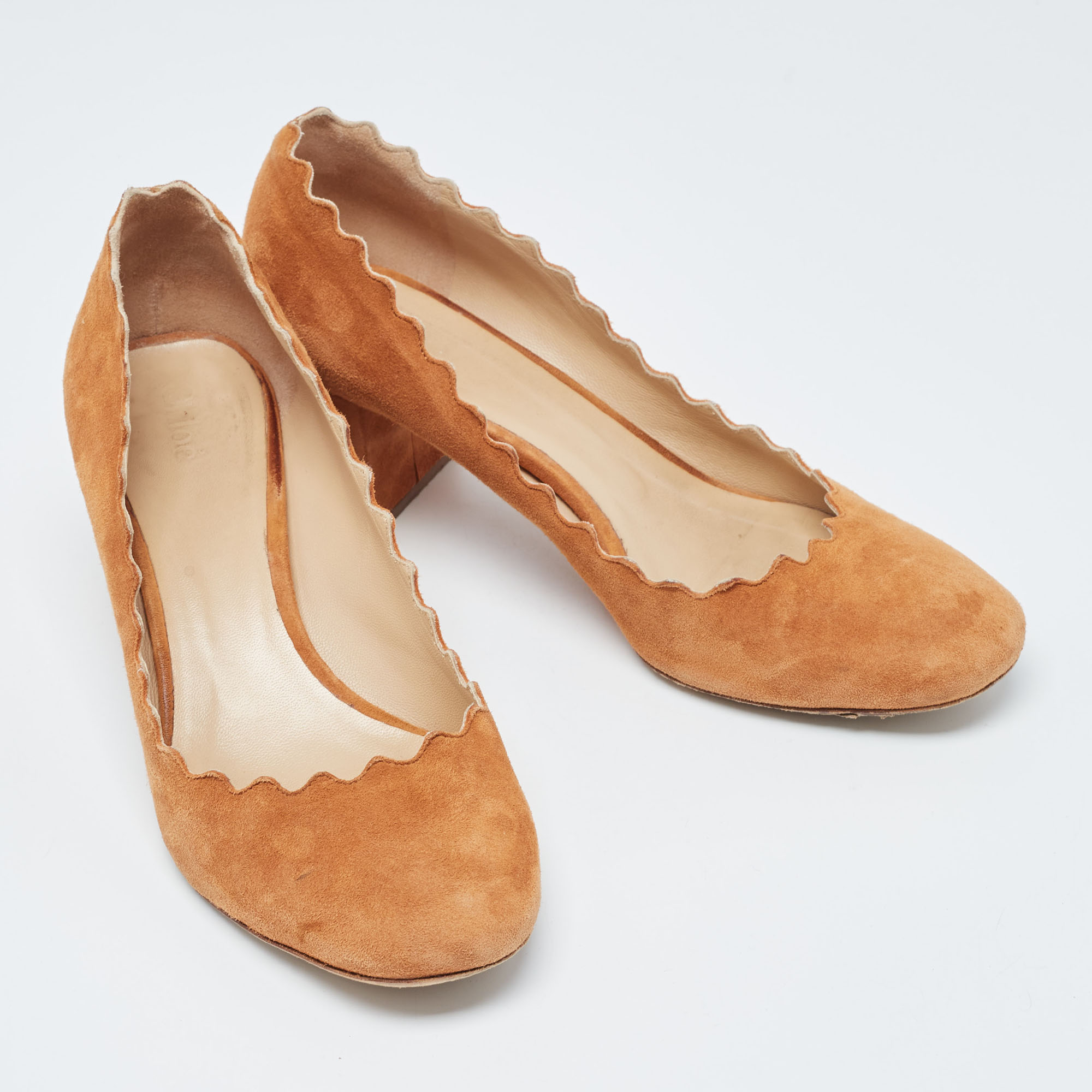 Chloe Brown Suede Laurena Scalloped Pumps Size 37
