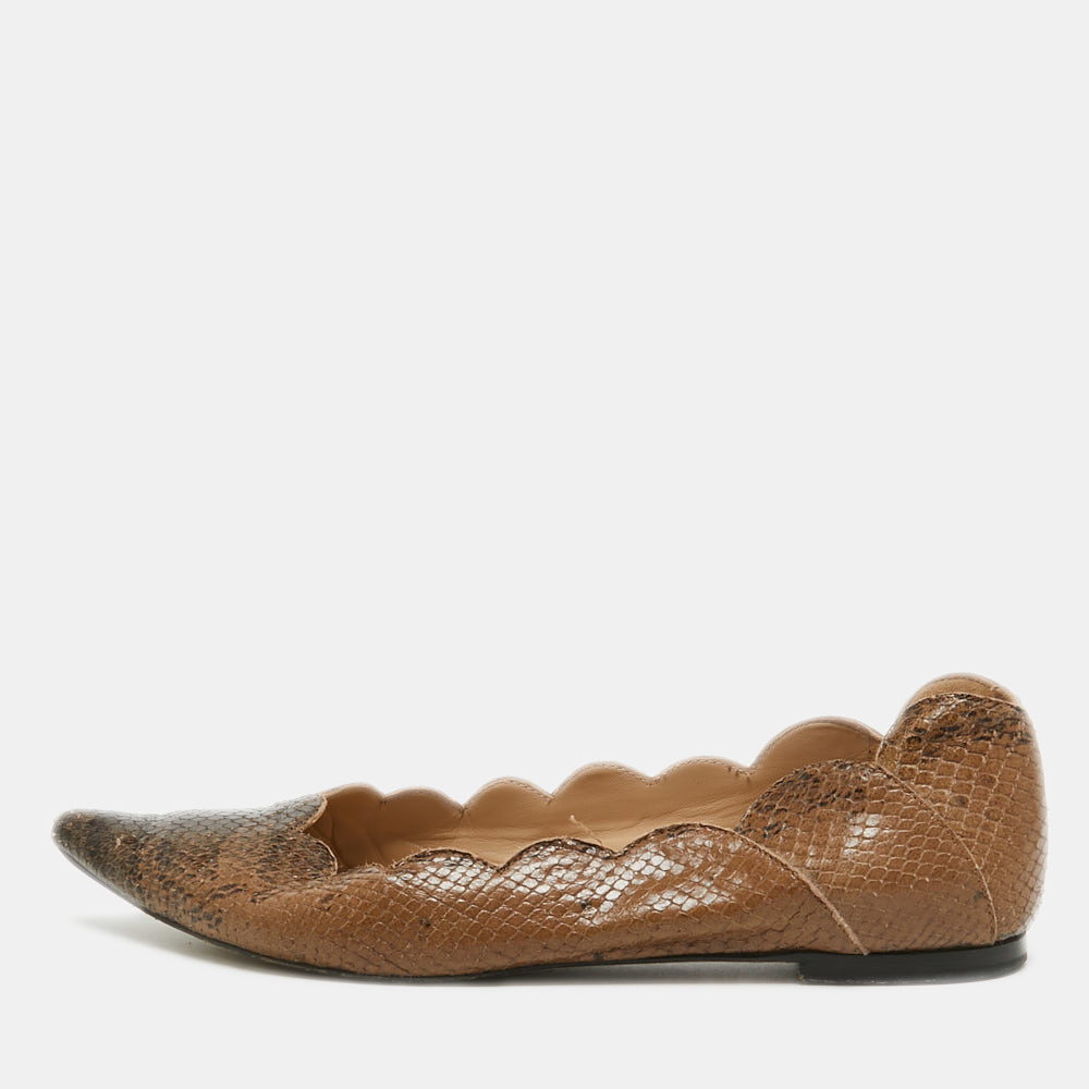 

Chloe Two Tone Scalloped Embossed Python Pointed Toe Ballet Flats Size, Brown