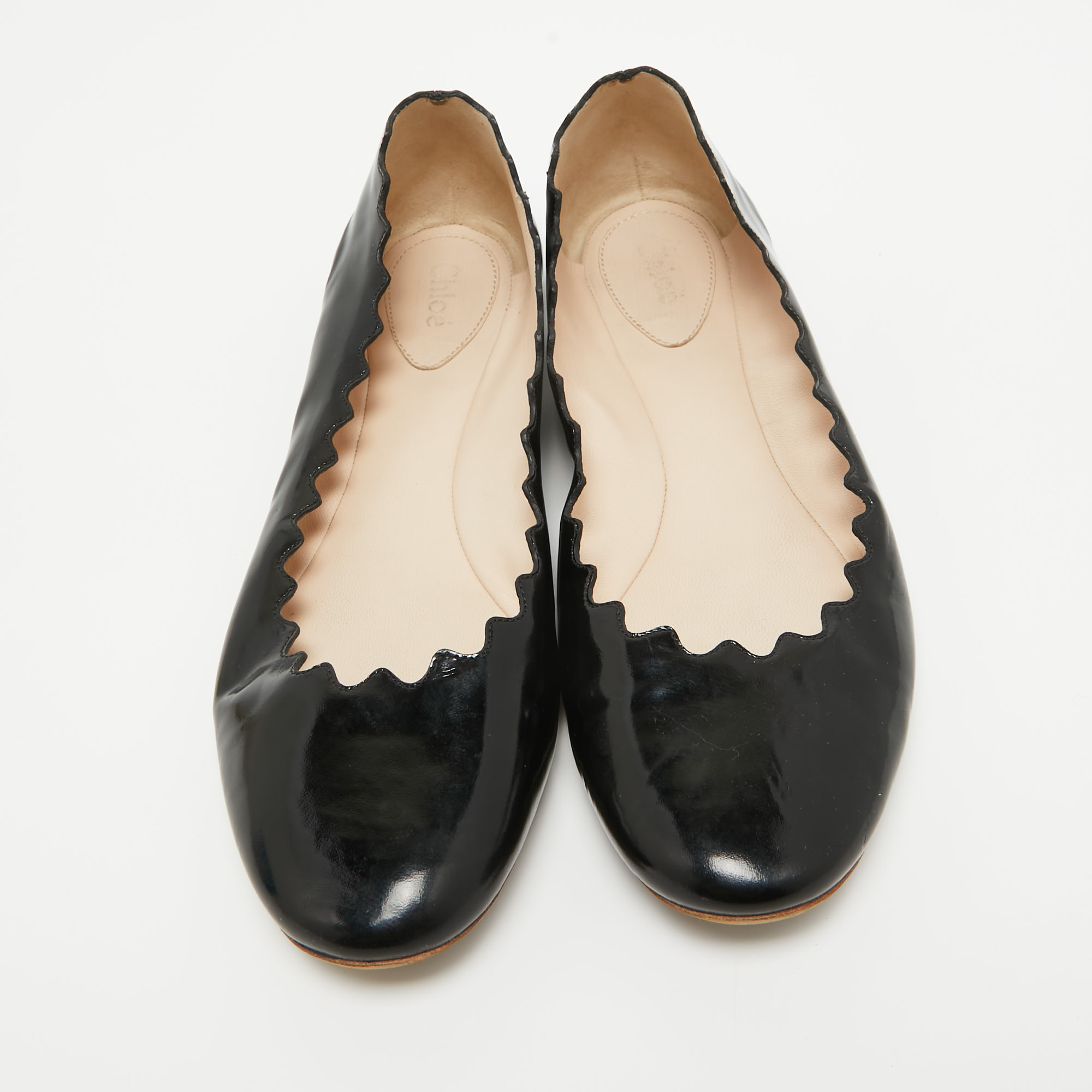 Chloe Black Patent Leather Laurena Scalloped Ballet Flats Size 39.5