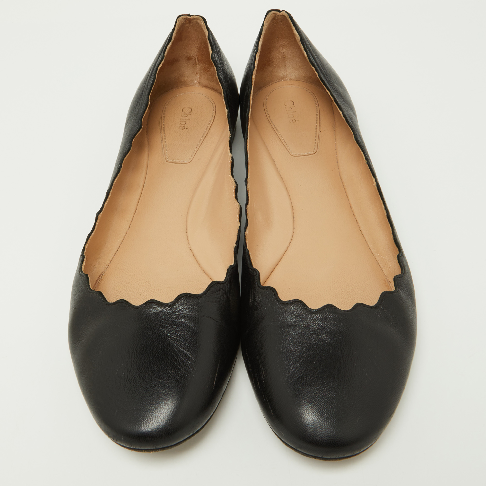 Chloe Black Scalloped Leather Lauren Ballet Flats Size 38.5