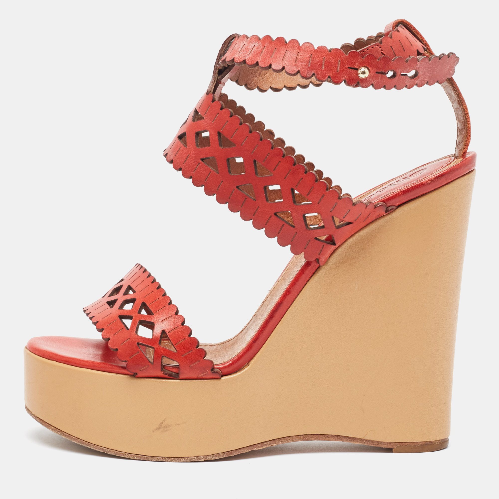Chlo&eacute; red laser cut leather wedge platform ankle strap sandals size 37.5