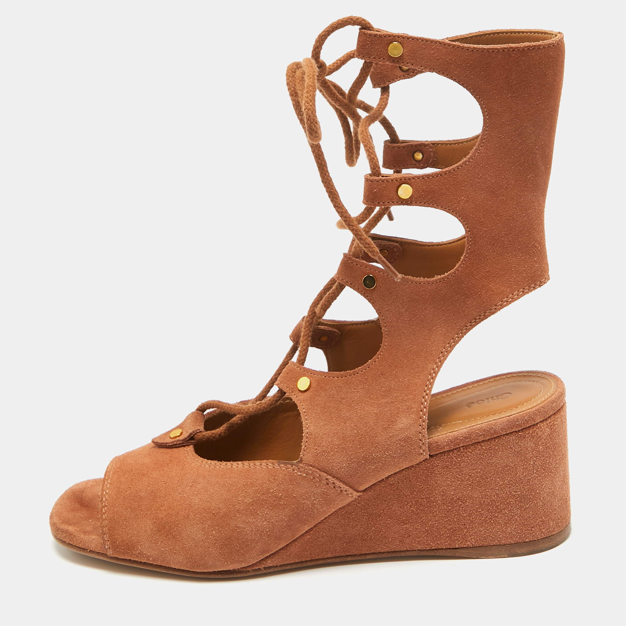 Chloe brown suede caged tie up ghillie wedge sandals size 39