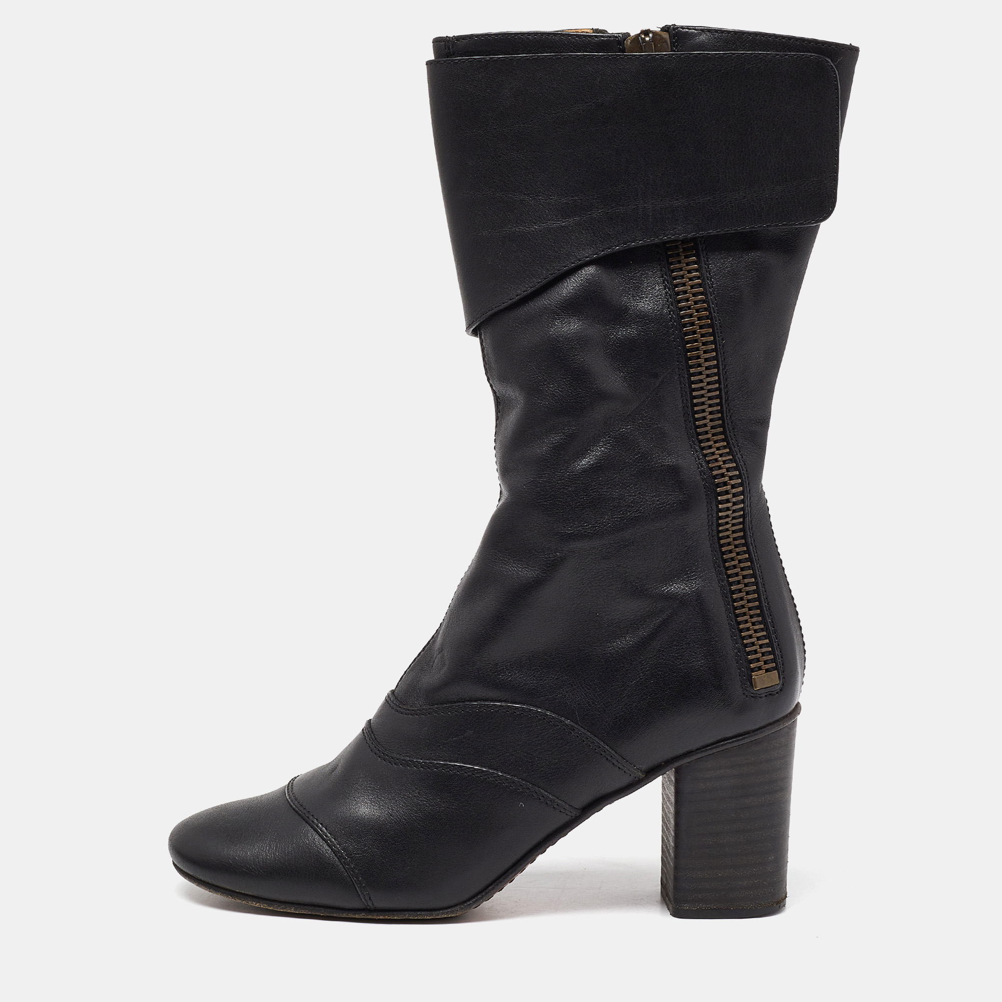 

Chloe Black Leather Block Heel Mid Calf Boots Size