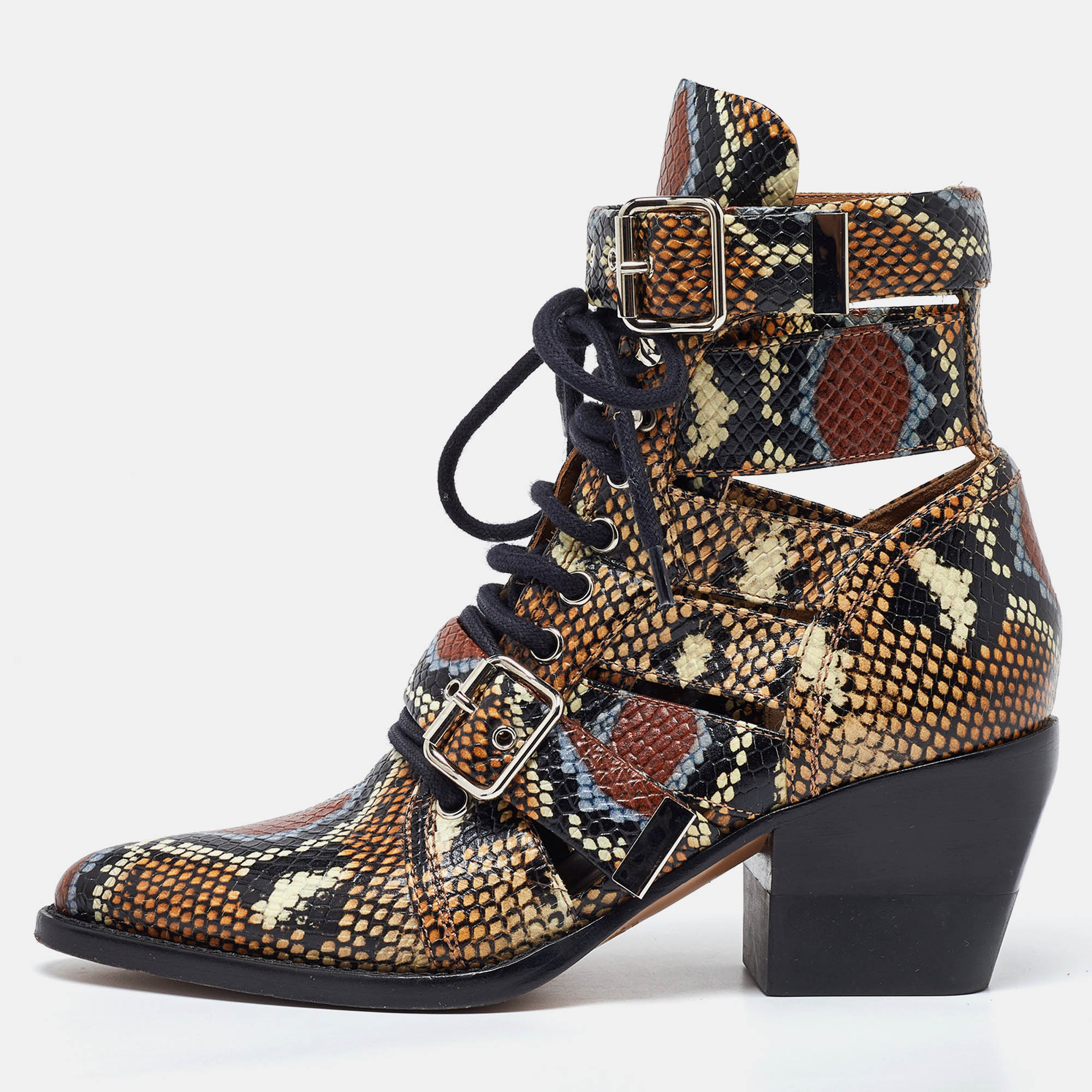 Chloe multicolor python embossed leather rylee cut out buckle detail ankle boots size 37.5