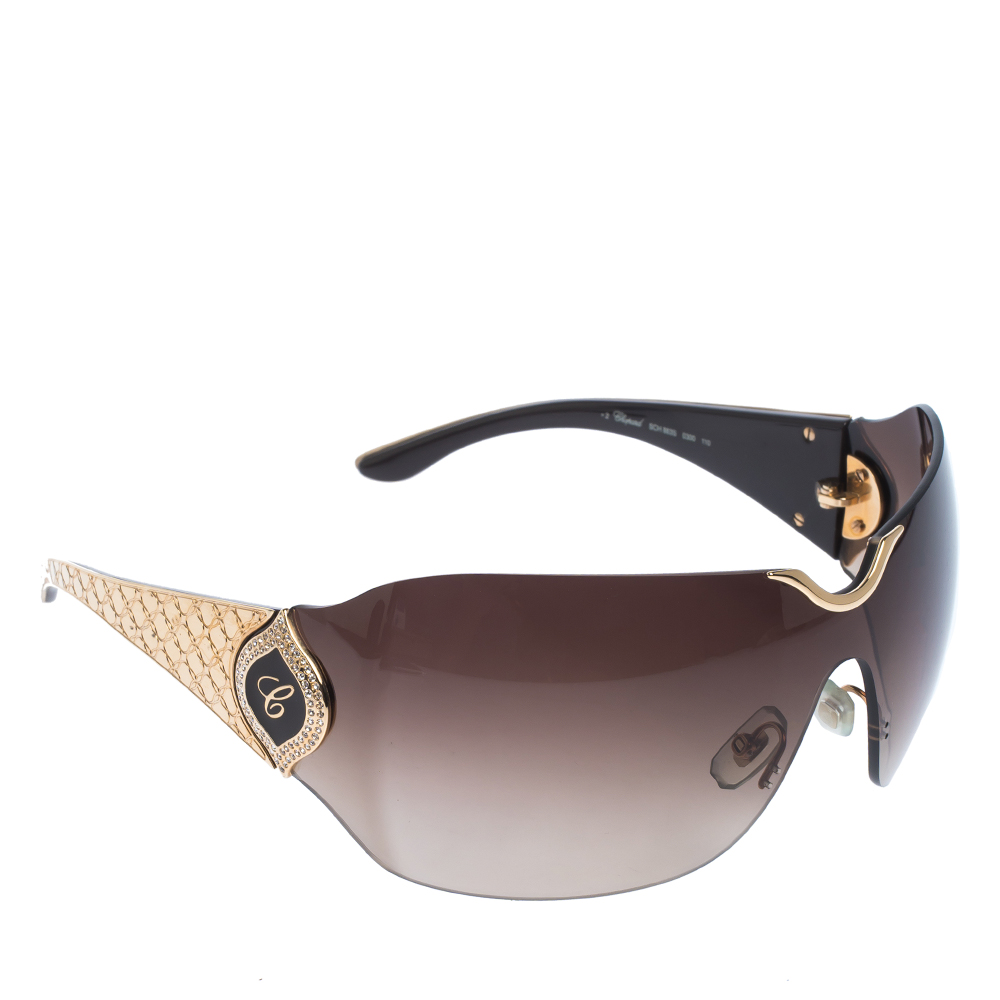 Image of Chopard Gold/Brown Gradient SCH S Crystal Embellished Shield Sunglasses