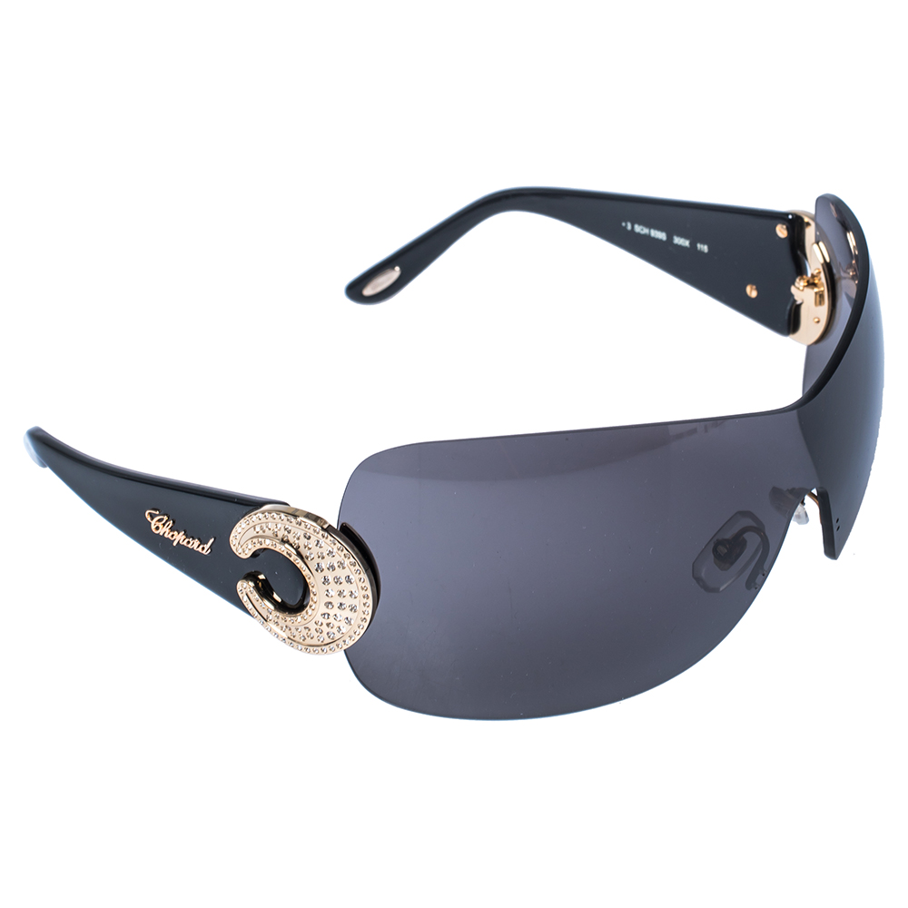 Image of Chopard Black/ Grey Crystal Embellished SCHS Shield Sunglasses