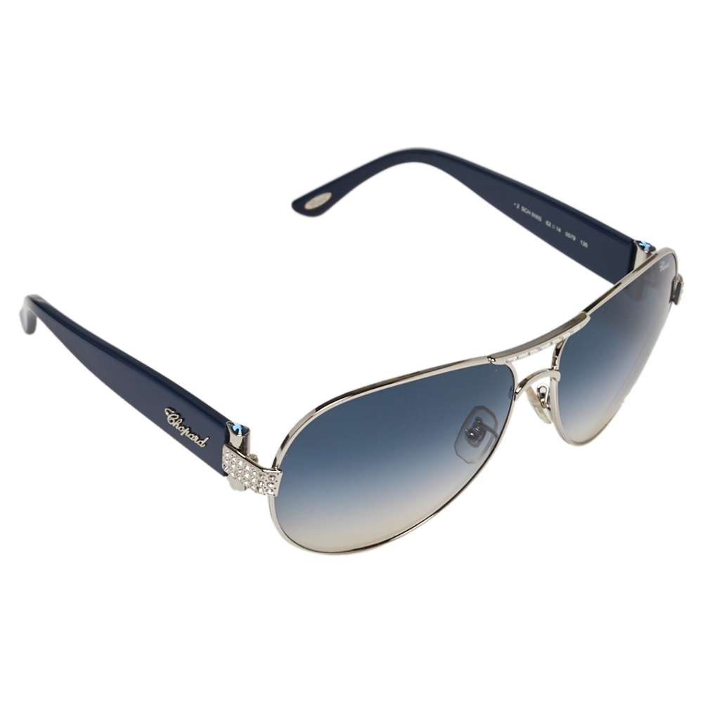 Image of Chopard Crystal Embellished Silver Tone/ Blue Gradient SCH s Aviator Sunglasses