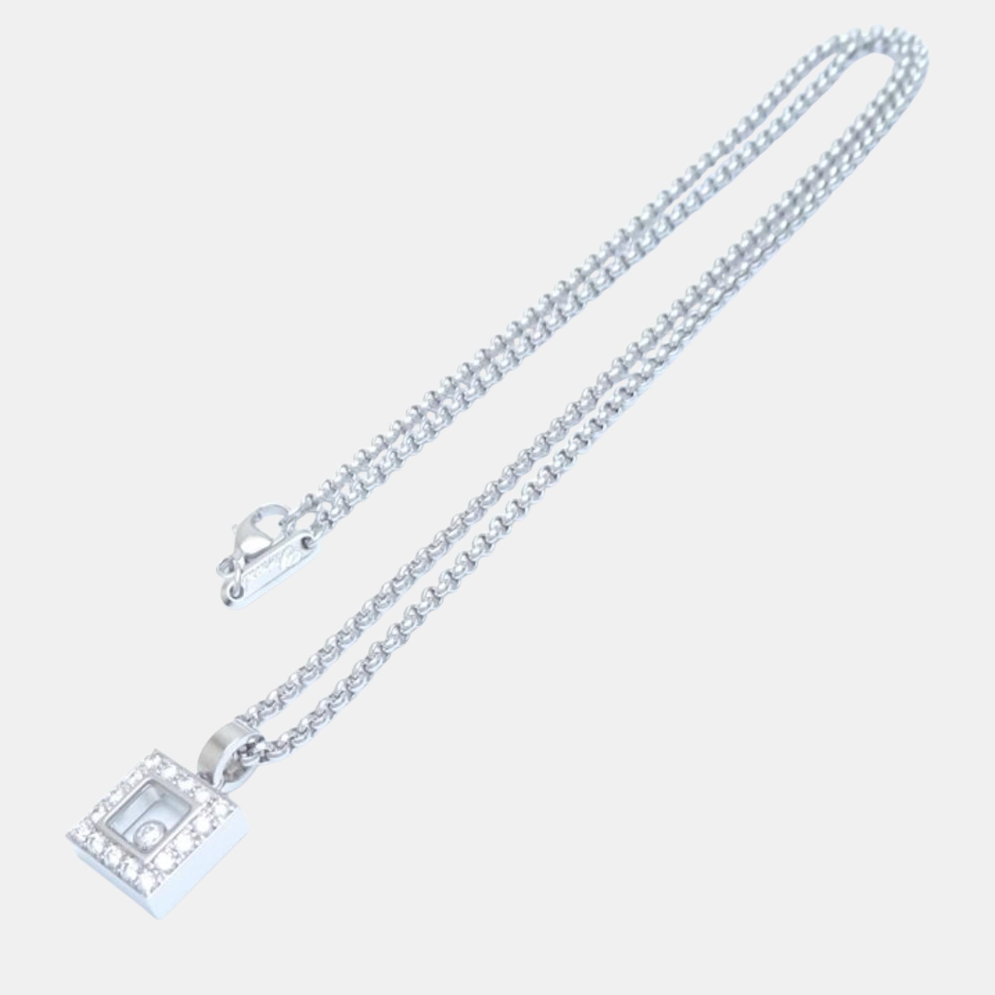 Chopard 18K White Gold And Diamond Square Happy Diamonds Pendant Necklace