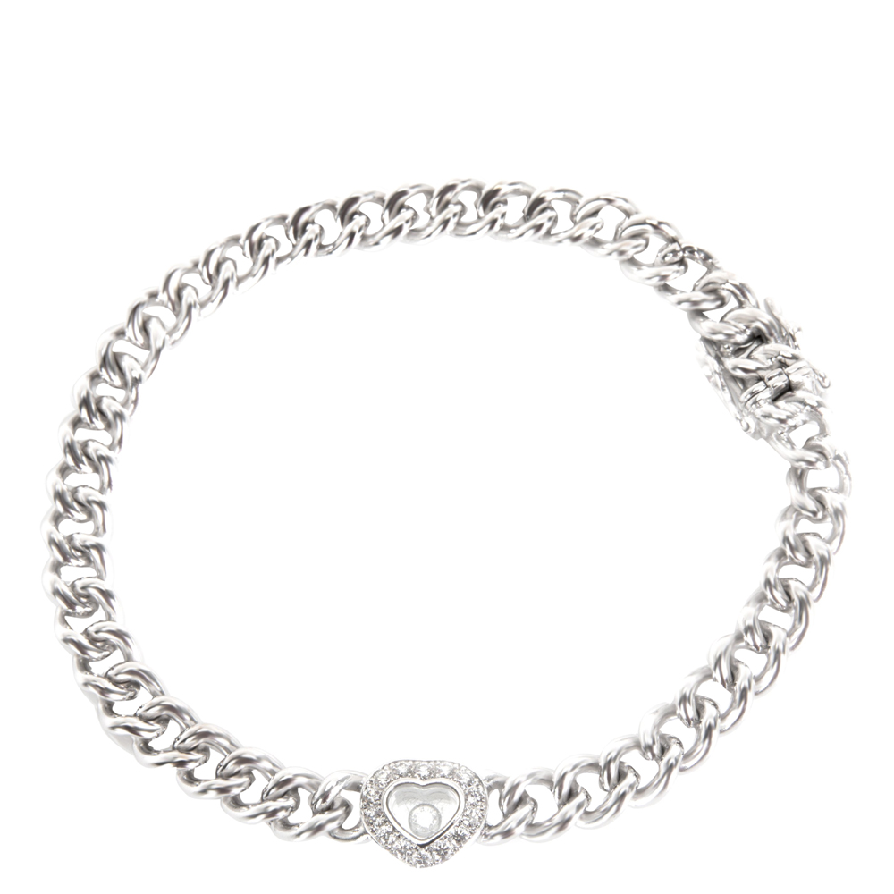 Chopard Happy Diamond Curb Chain 18K White Gold Diamond Heart Bracelet