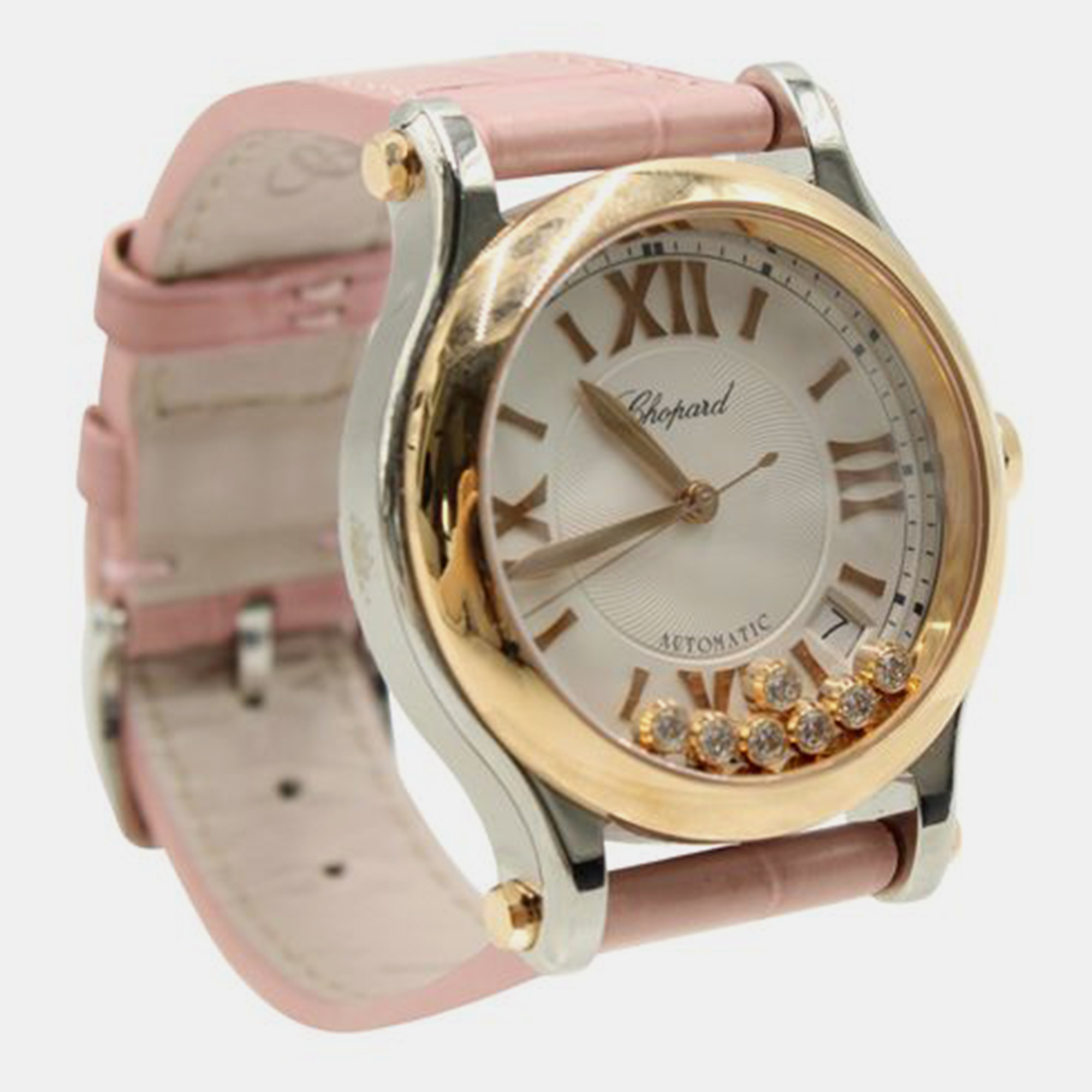 Chopard Silver 18k Rose Gold Stainless Steel Diamond Happy Sport Automatic Women's Wristwatch 36 Mm