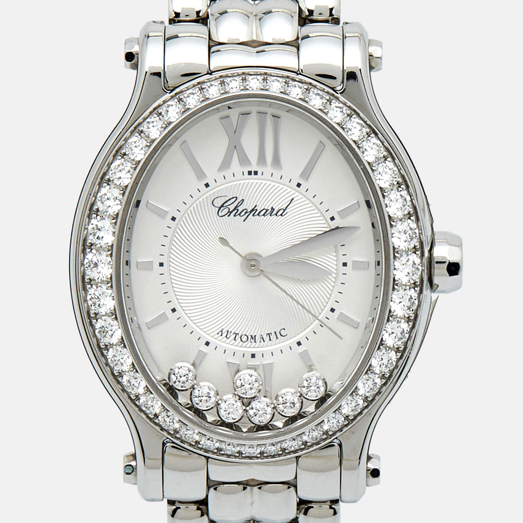 Chopard Silver Guilloche Stainless Steel Diamond Happy Sport 278602-3004 Women's Wristwatch 29 Mm