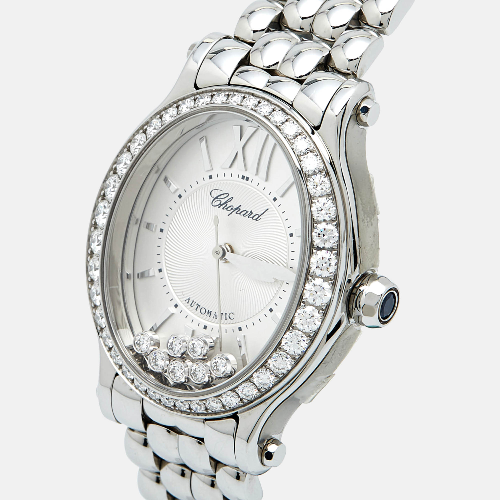 Chopard Silver Guilloche Stainless Steel Diamond Happy Sport 278602-3004 Women's Wristwatch 29 Mm