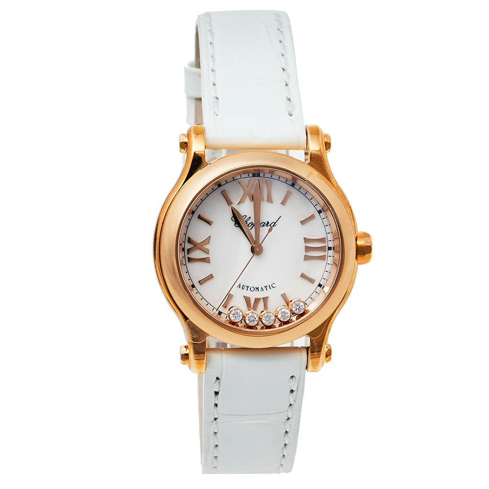 Chopard Mother of Pearl 18K Rose Gold and Leather Happy Sport 4893 Women's Wristwatch 30mm