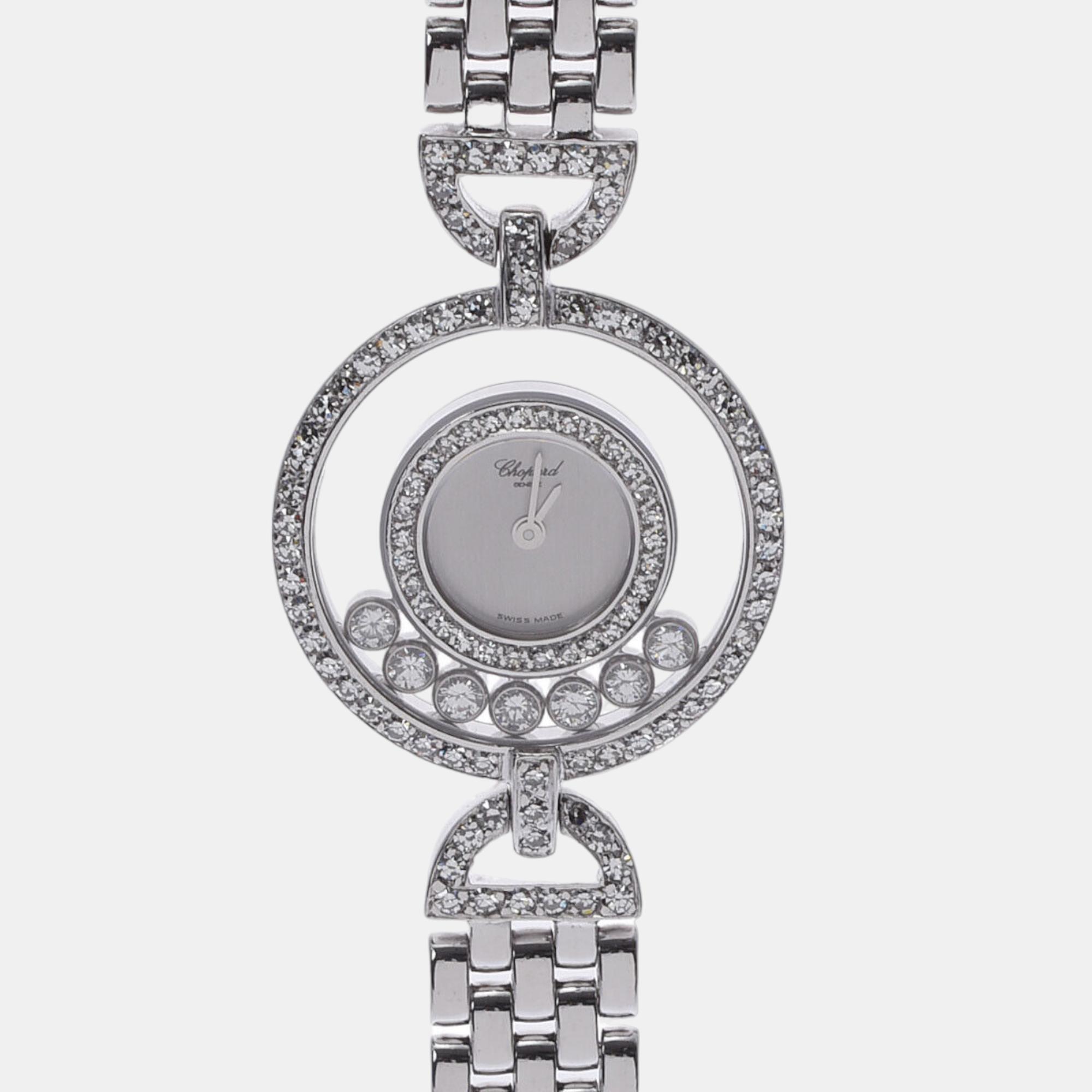Chopard Silver Diamond 18k White Gold Happy Diamonds 20/4566 Quartz Women's Wristwatch 24 Mm