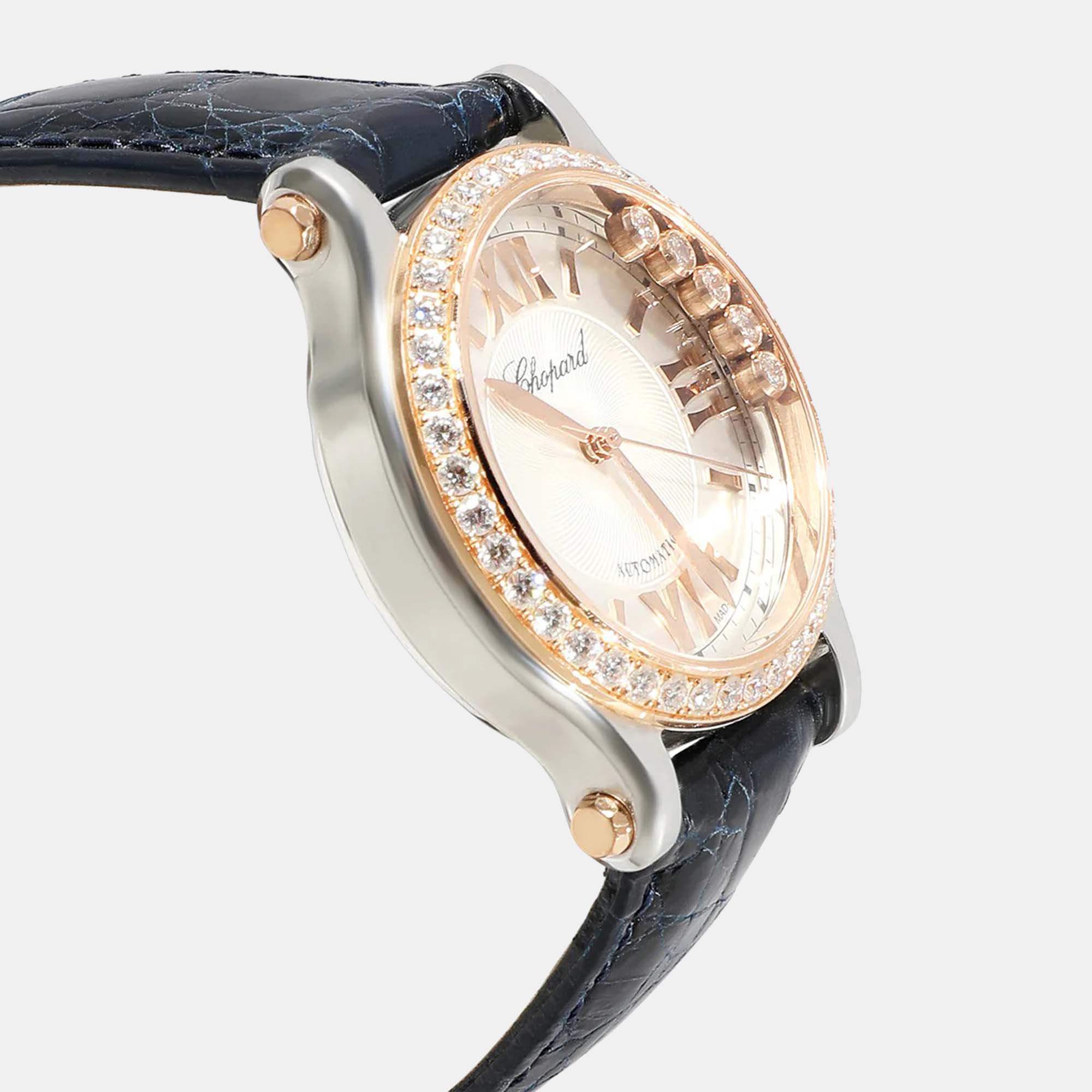 Chopard Silver Diamond 18k Rose Gold And Stainless Steel Happy Sport 278608-6003 Automatic Women's Wristwatch 33 Mm