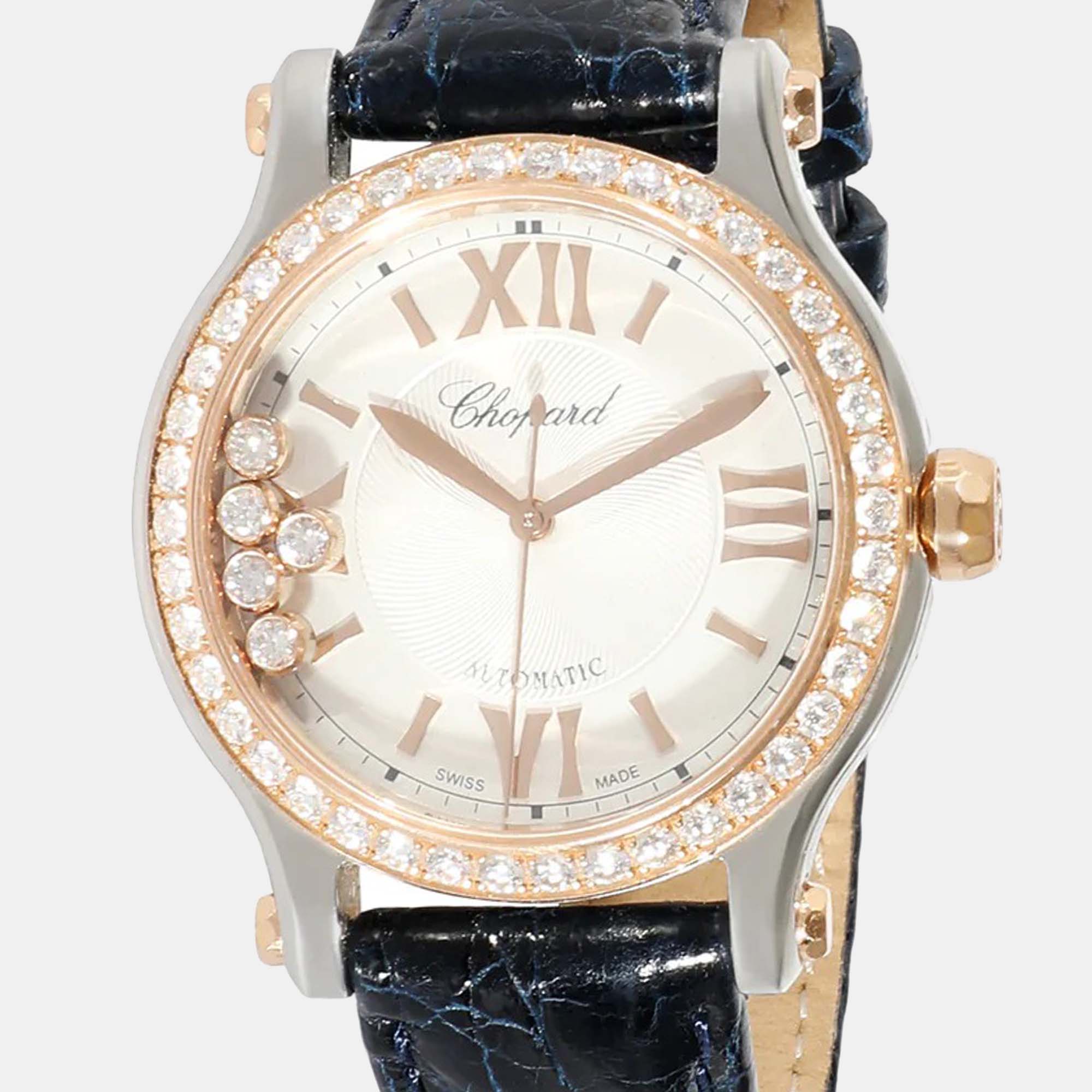 Chopard Silver Diamond 18k Rose Gold And Stainless Steel Happy Sport 278608-6003 Automatic Women's Wristwatch 33 Mm