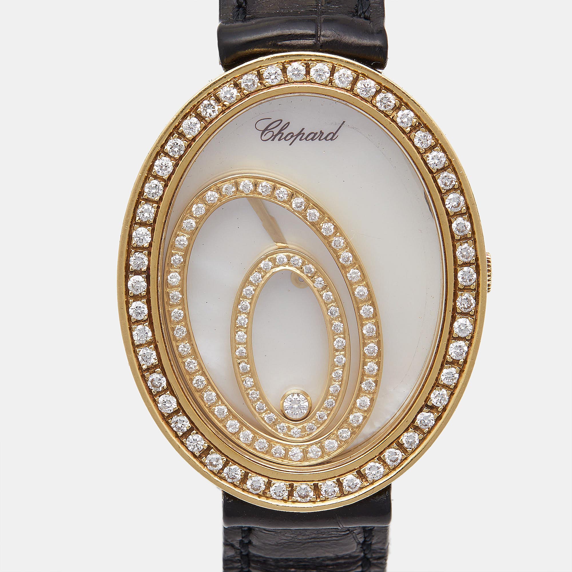 Chopard Mother Of Pearl 18K Yellow Gold Diamond Alligator Leather Happy Spirit Women's Wristwatch 30 Mm