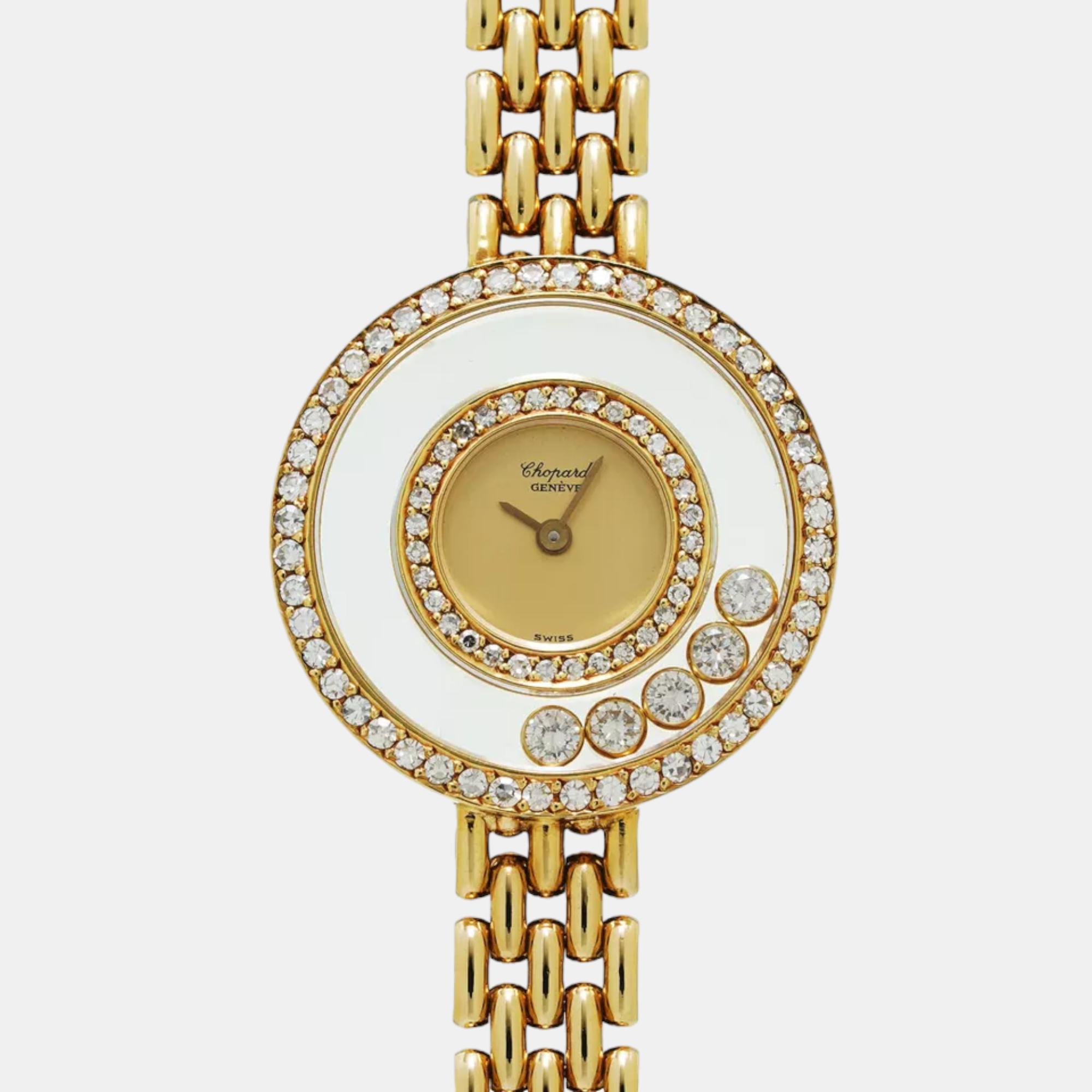 Chopard champagne diamond 18k yellow gold happy diamonds  quartz women's wristwatch 24 mm