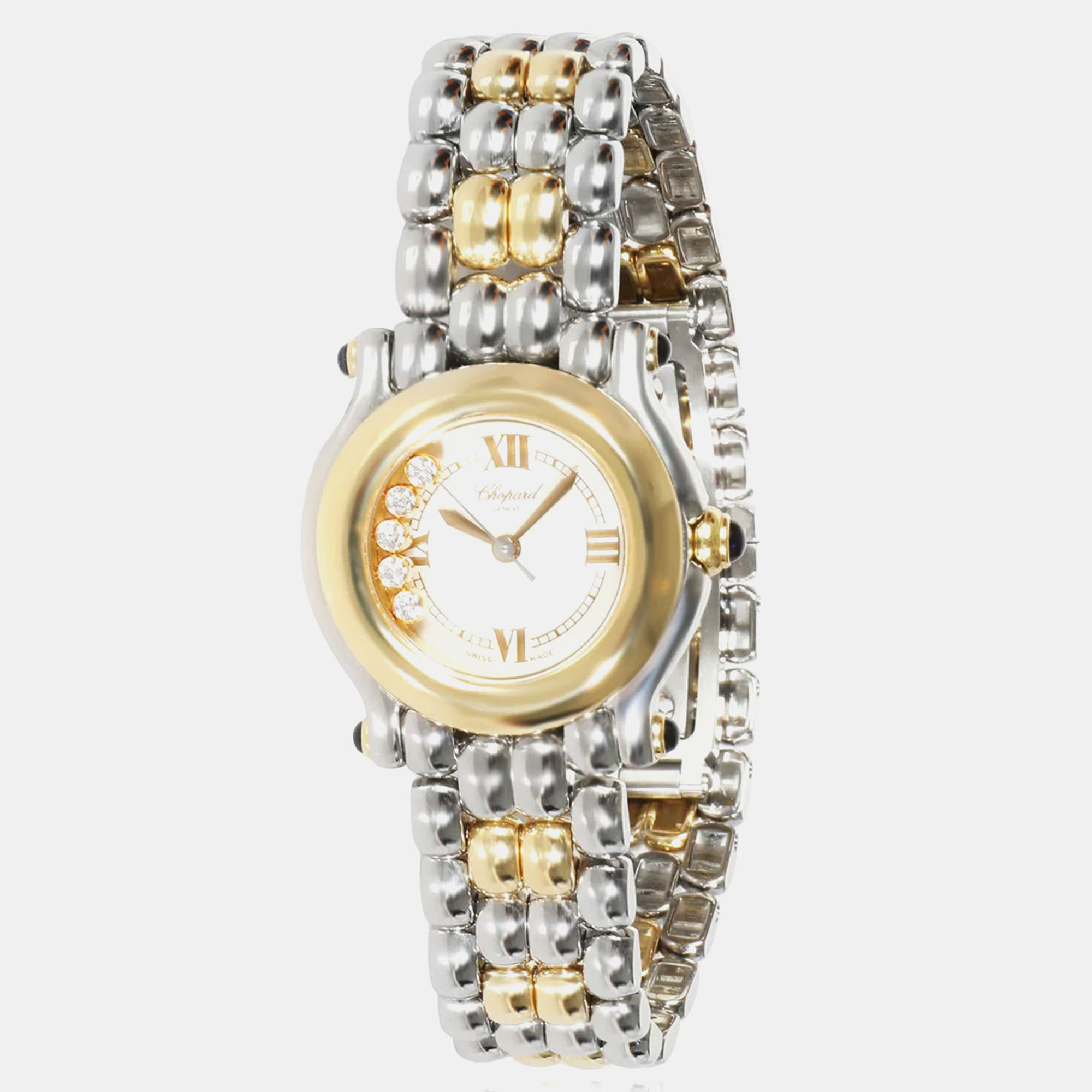 Chopard white 18k yellow gold stainless steel happy sport  quartz women's wristwatch 26 mm