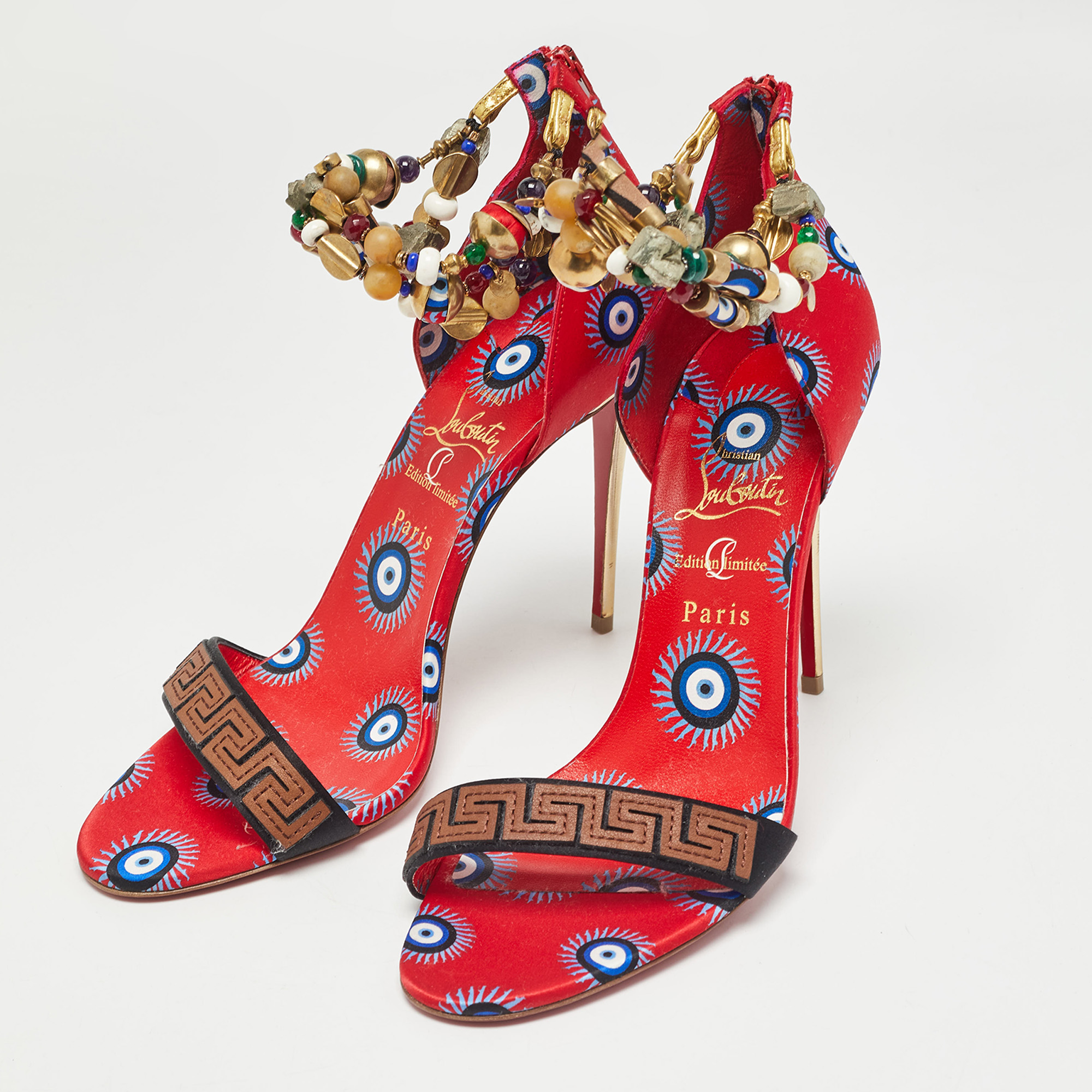 Christian Louboutin Red Printed Satin Konstantinella Sandals Size 40