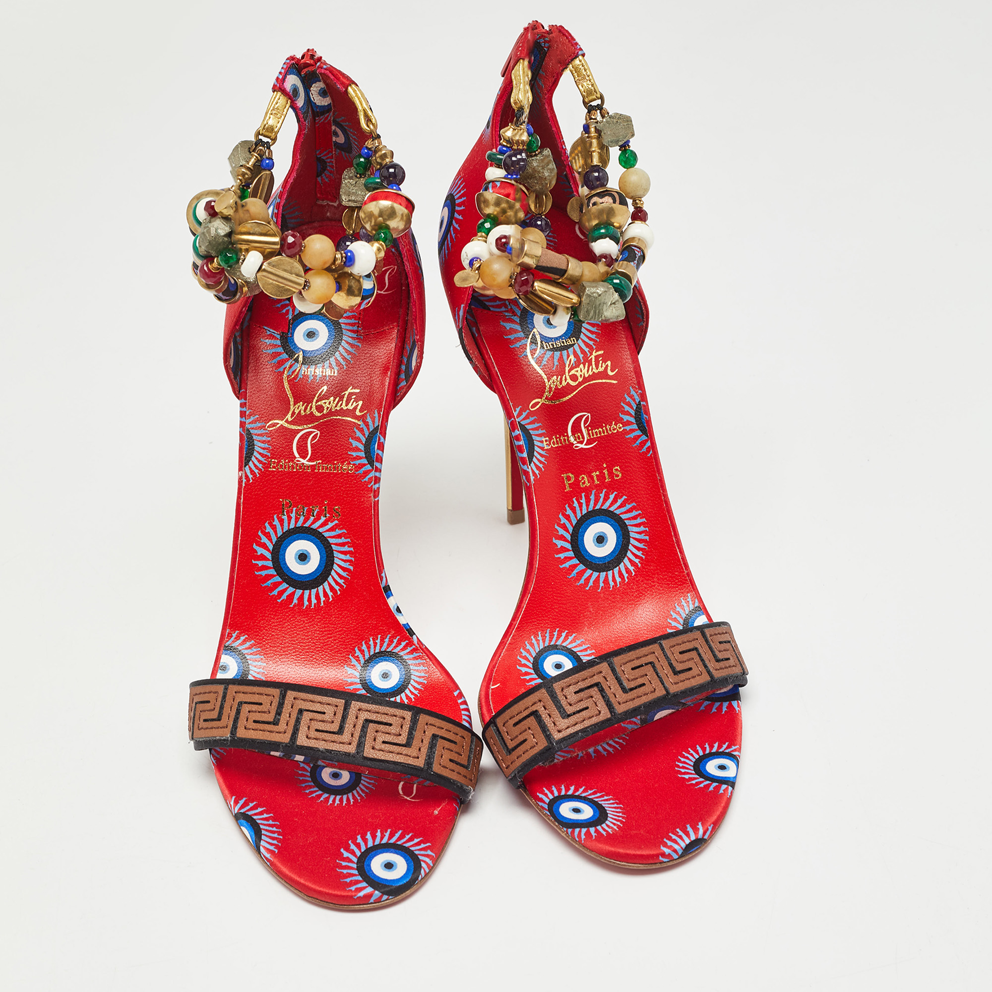 Christian Louboutin Red Printed Satin Konstantinella Sandals Size 40