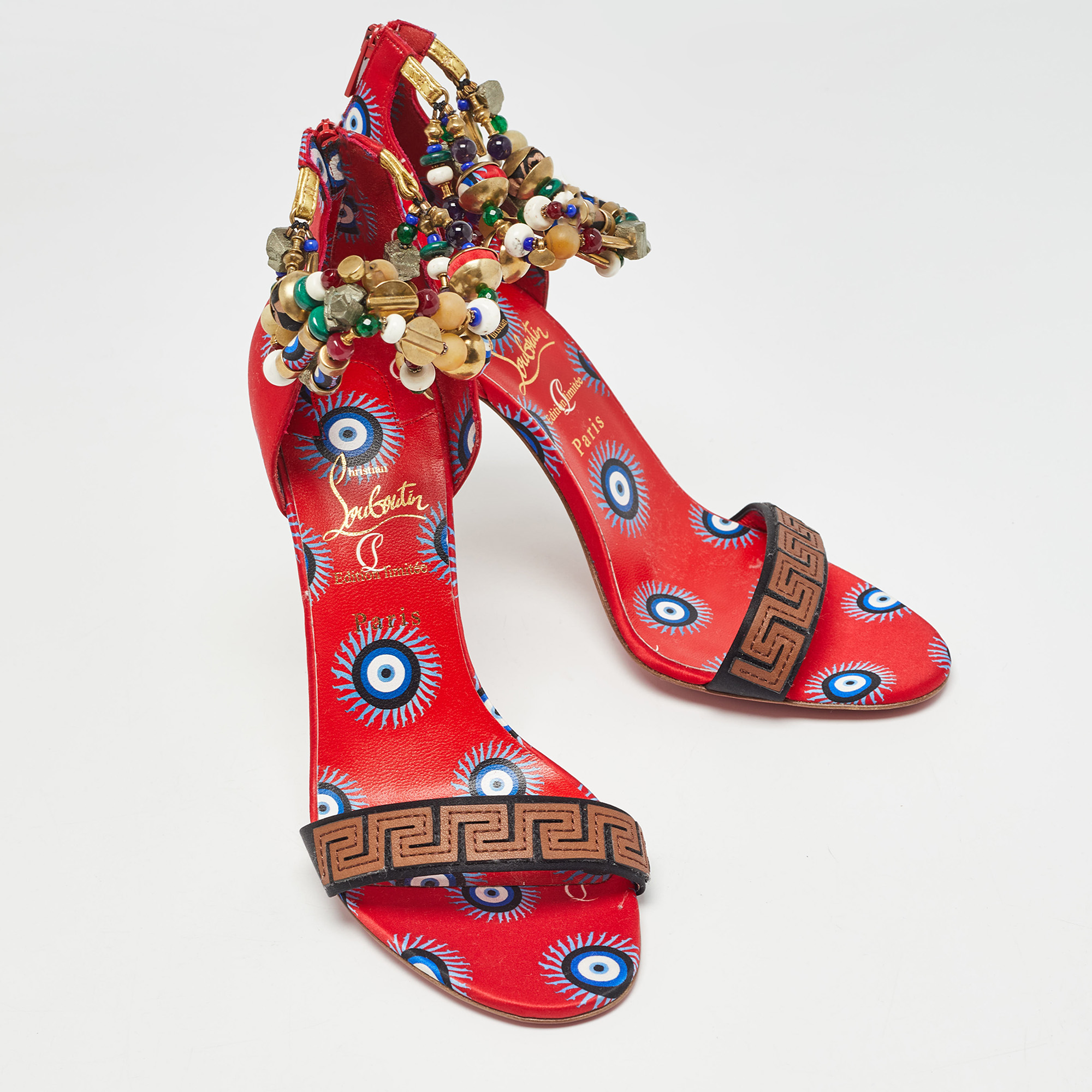 Christian Louboutin Red Printed Satin Konstantinella Sandals Size 40