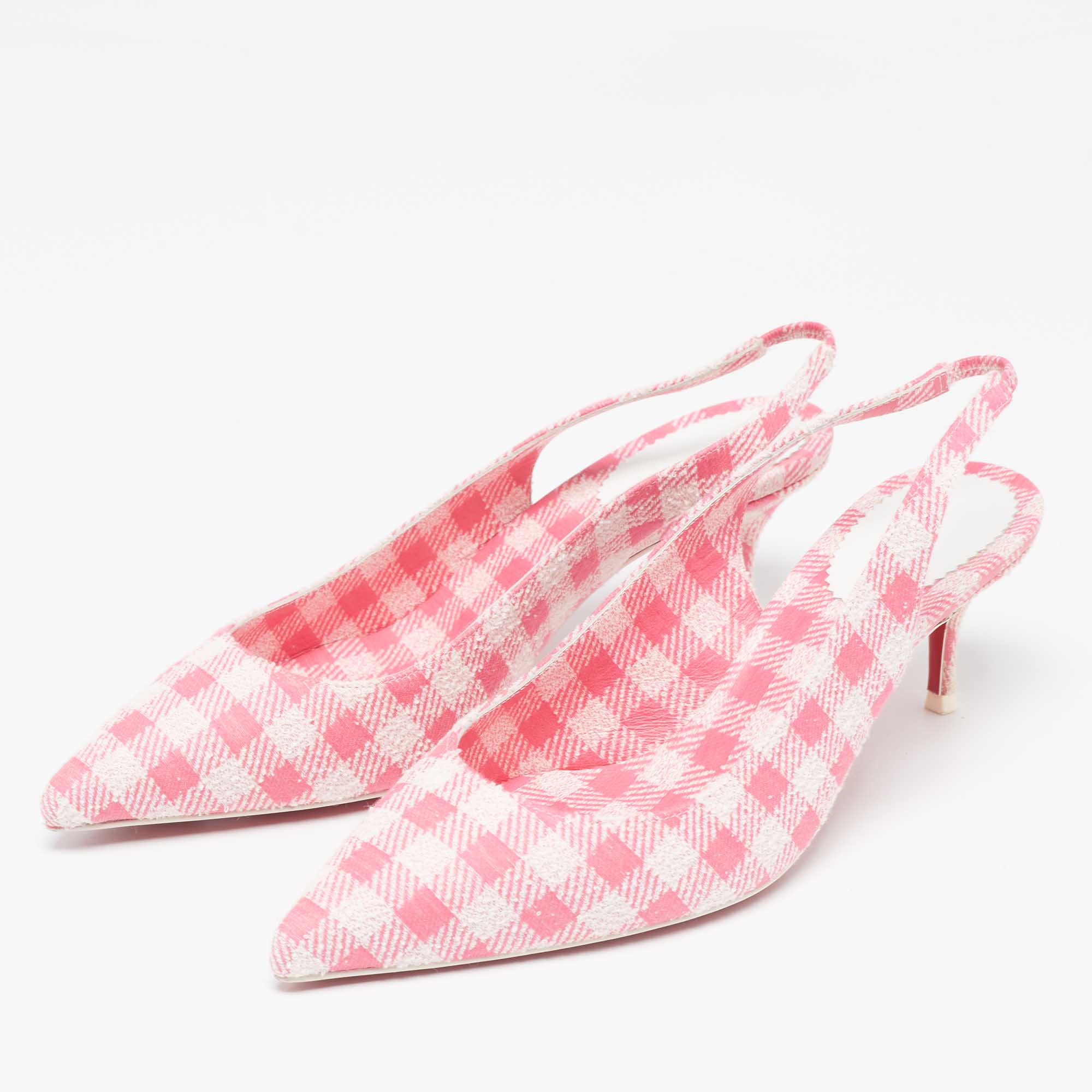 Christian Louboutin Pink/White Gingham Fabric Kate Slingback Pumps Size 38