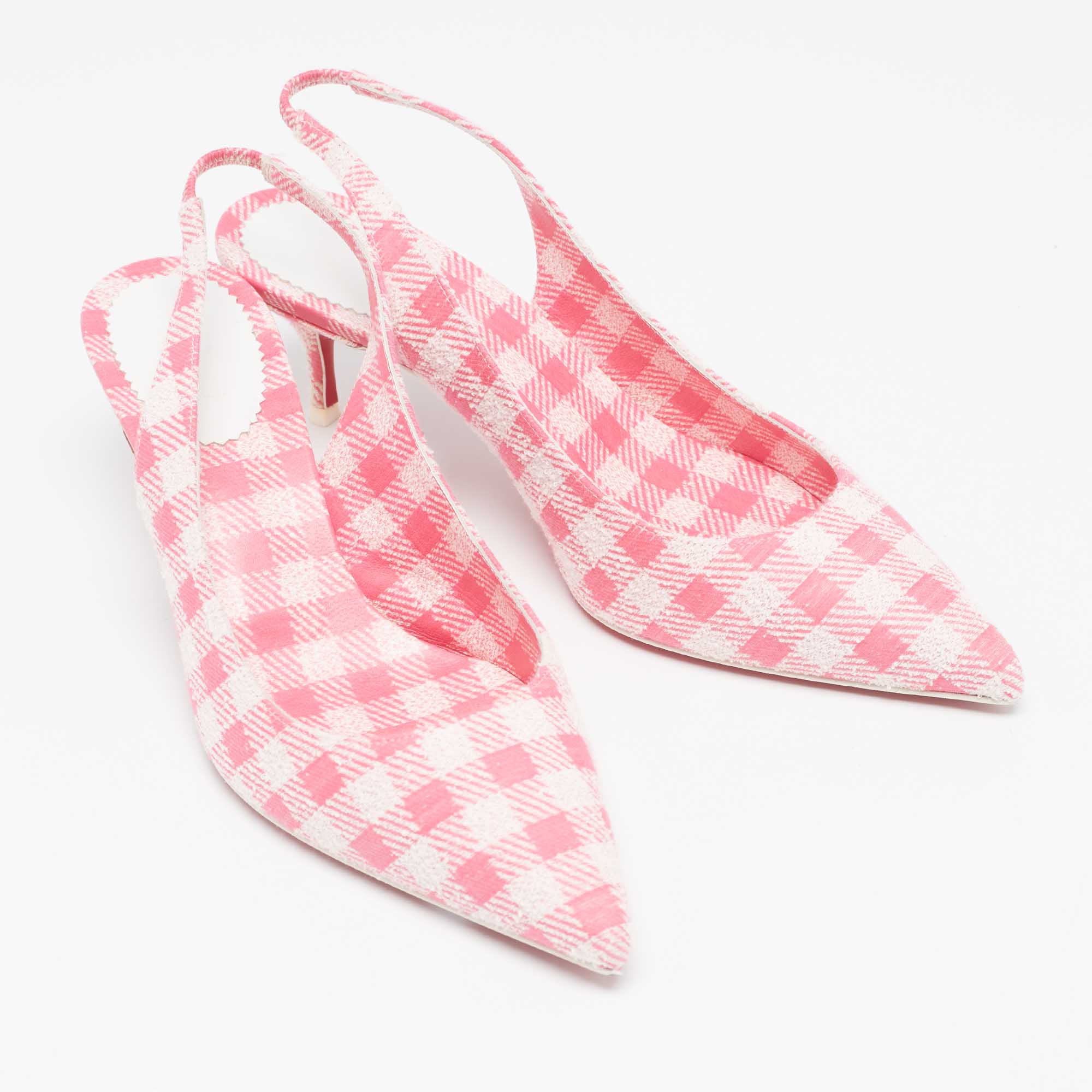 Christian Louboutin Pink/White Gingham Fabric Kate Slingback Pumps Size 38