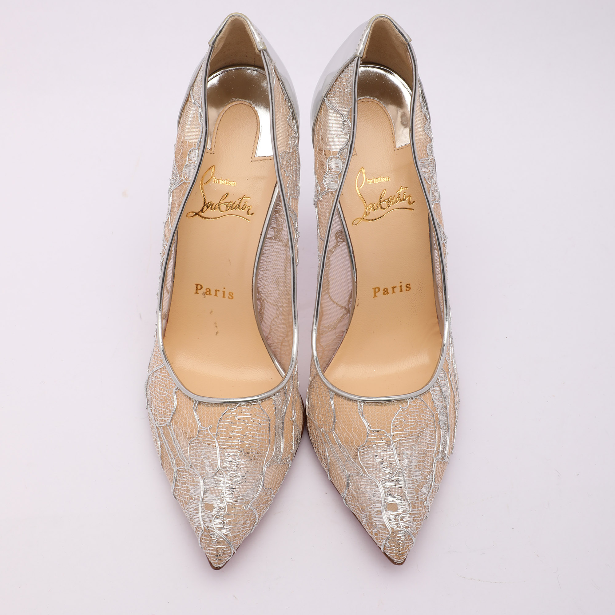 Christian Louboutin Silver Lace And Leather Follies Lace Pumps Size 39