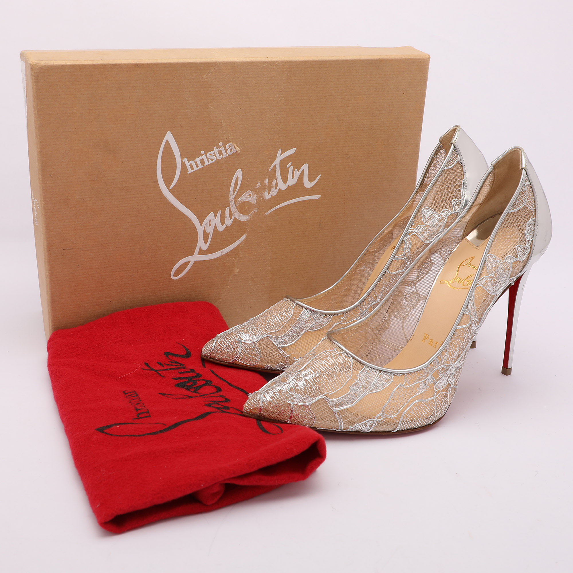 Christian Louboutin Silver Lace And Leather Follies Lace Pumps Size 39