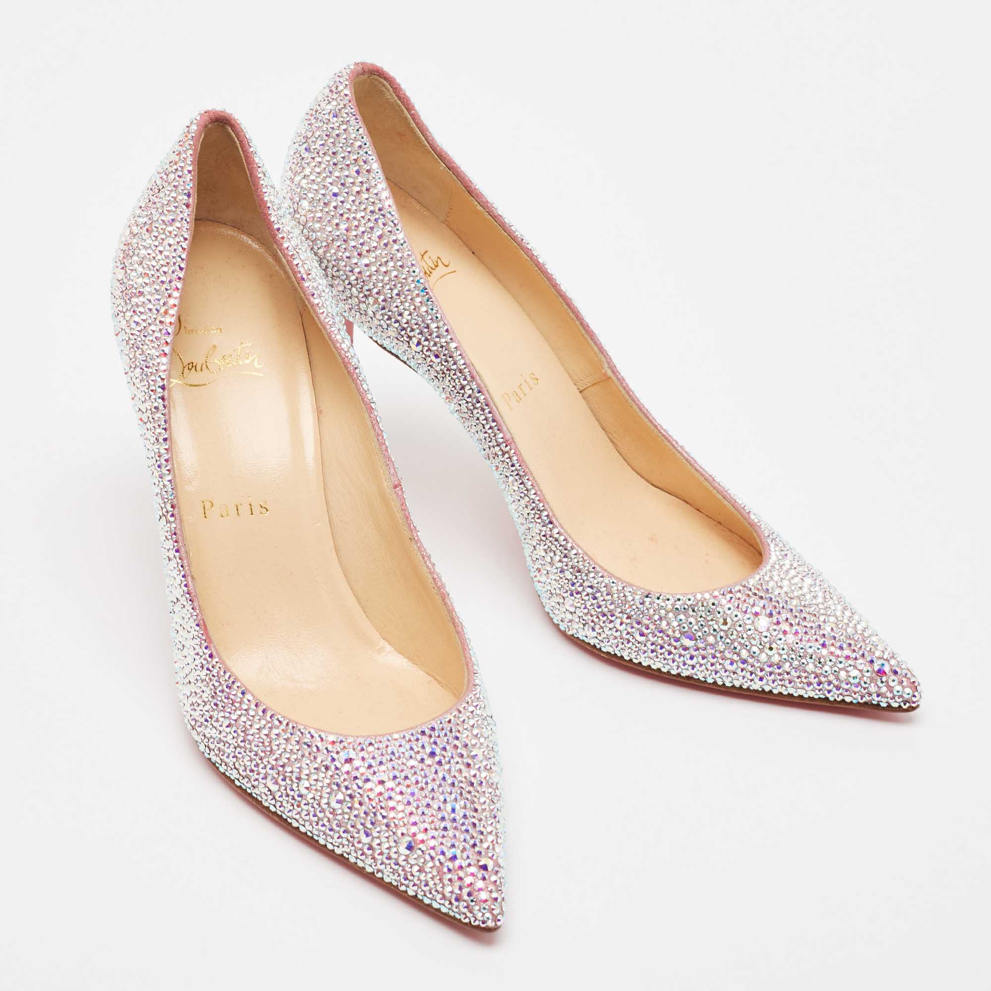 Christian Louboutin Pink/Silver Crystal Embellished Suede Kate Pumps Size 36