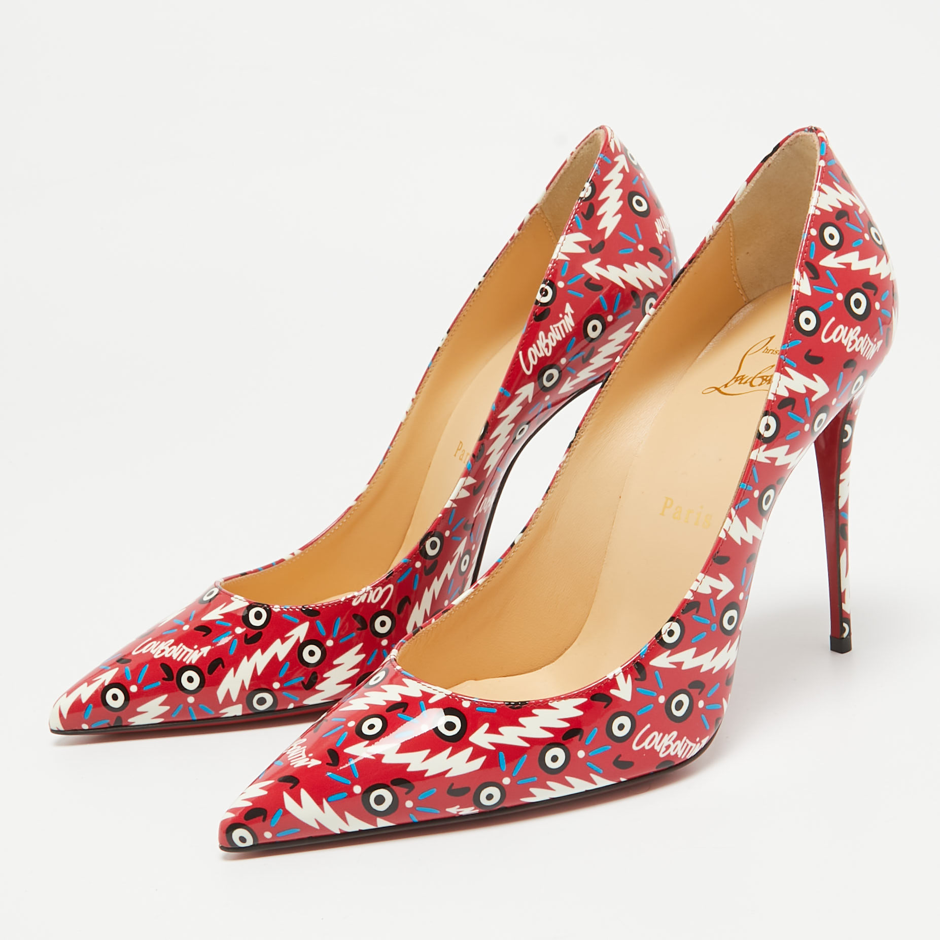 Christian Louboutin Red Printed Patent Leather Pigalle Follies Pumps Size 38