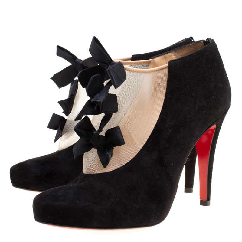 Christian Louboutin Black Suede And Beige Mesh Bow Detail Booties Size 37.5